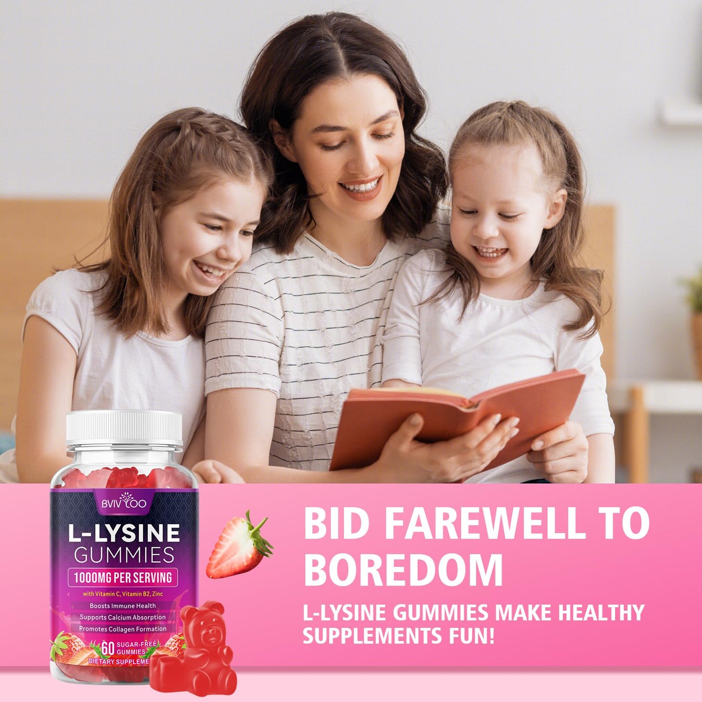 BVIVLOO L-Lysine 1000mg Gummies for Immune Support & Skin Health - High Potency Vegan Gummies, Sugar-Free, Natural Berry Flavor, Gluten-Free Chewable Supplement - dailyvitalstore