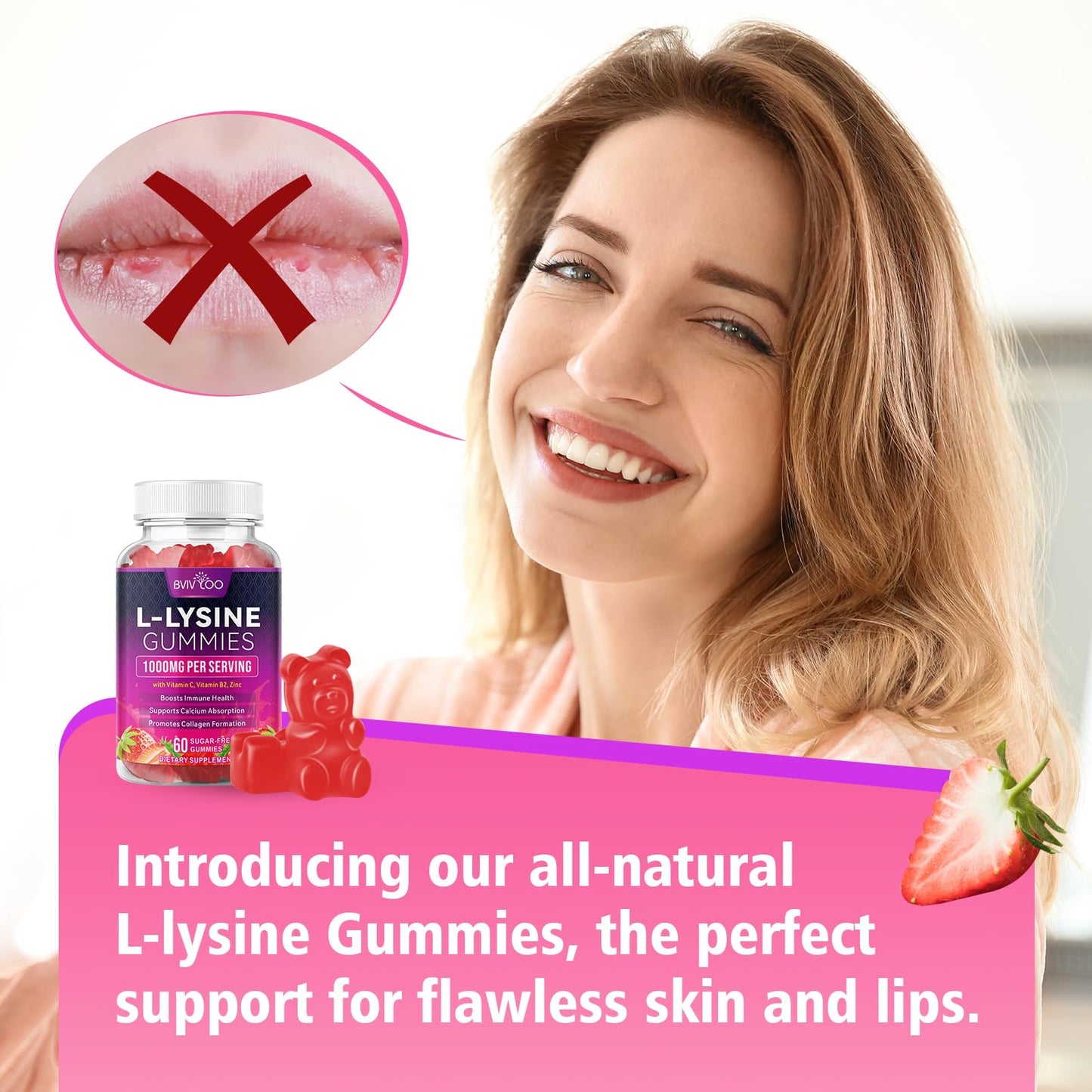 BVIVLOO L-Lysine 1000mg Gummies for Immune Support & Skin Health - High Potency Vegan Gummies, Sugar-Free, Natural Berry Flavor, Gluten-Free Chewable Supplement - dailyvitalstore