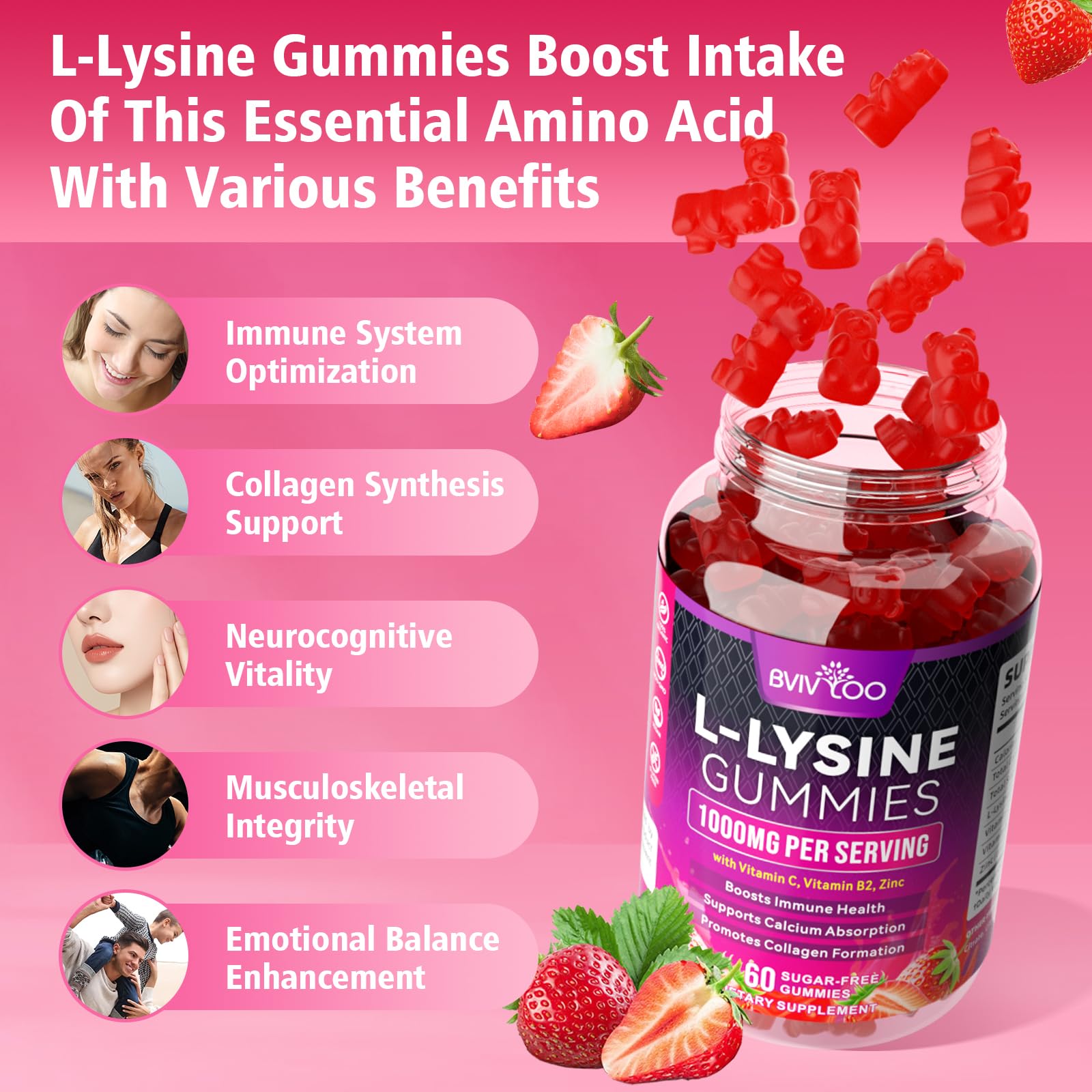 BVIVLOO L-Lysine 1000mg Gummies for Immune Support & Skin Health - High Potency Vegan Gummies, Sugar-Free, Natural Berry Flavor, Gluten-Free Chewable Supplement - dailyvitalstore
