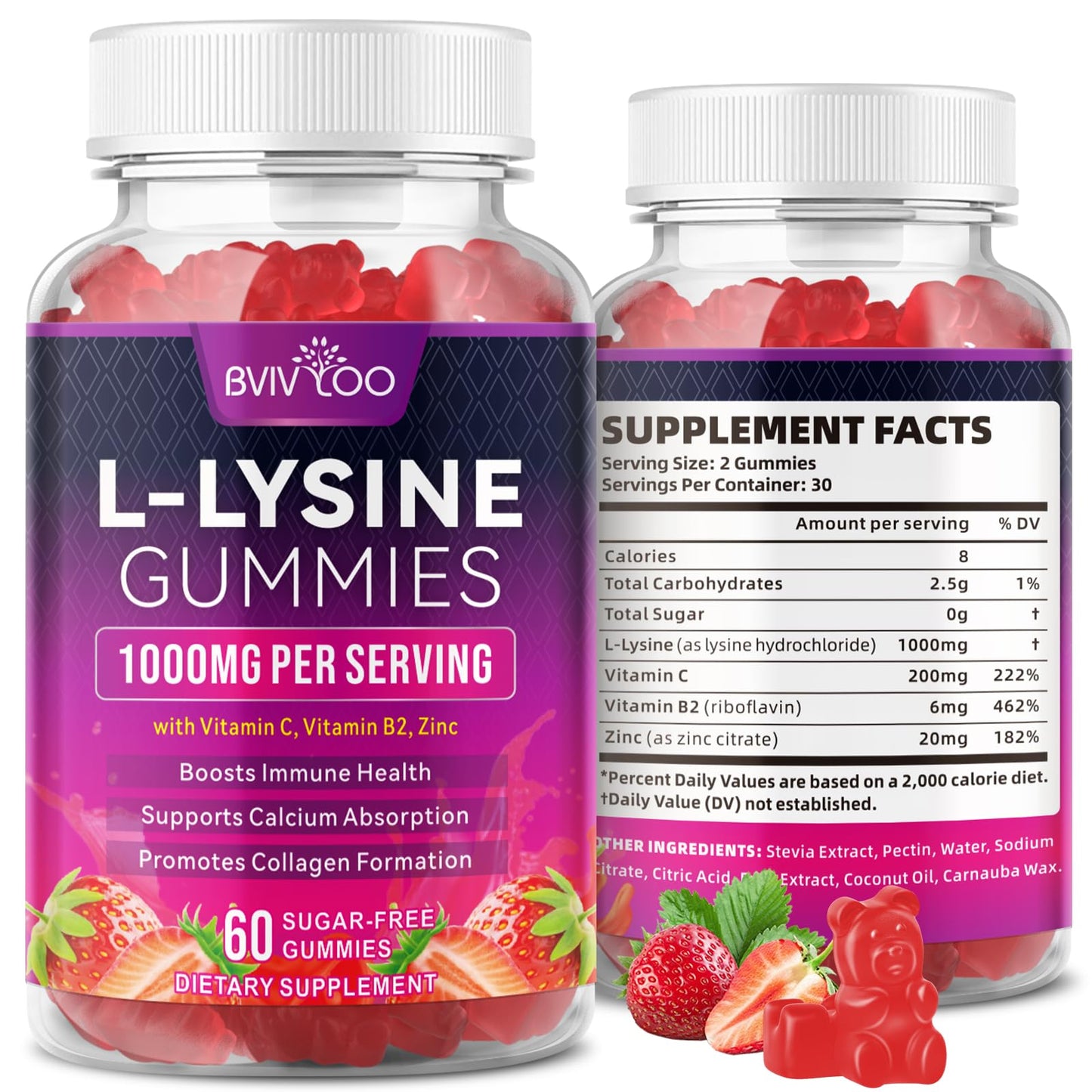 BVIVLOO L-Lysine 1000mg Gummies for Immune Support & Skin Health - High Potency Vegan Gummies, Sugar-Free, Natural Berry Flavor, Gluten-Free Chewable Supplement - dailyvitalstore