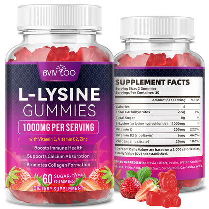BVIVLOO L-Lysine 1000mg Gummies for Immune Support & Skin Health - High Potency Vegan Gummies, Sugar-Free, Natural Berry Flavor, Gluten-Free Chewable Supplement - dailyvitalstore