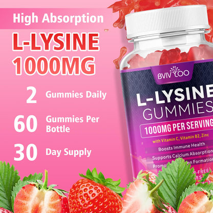 BVIVLOO L-Lysine 1000mg Gummies for Immune Support & Skin Health - High Potency Vegan Gummies, Sugar-Free, Natural Berry Flavor, Gluten-Free Chewable Supplement - dailyvitalstore