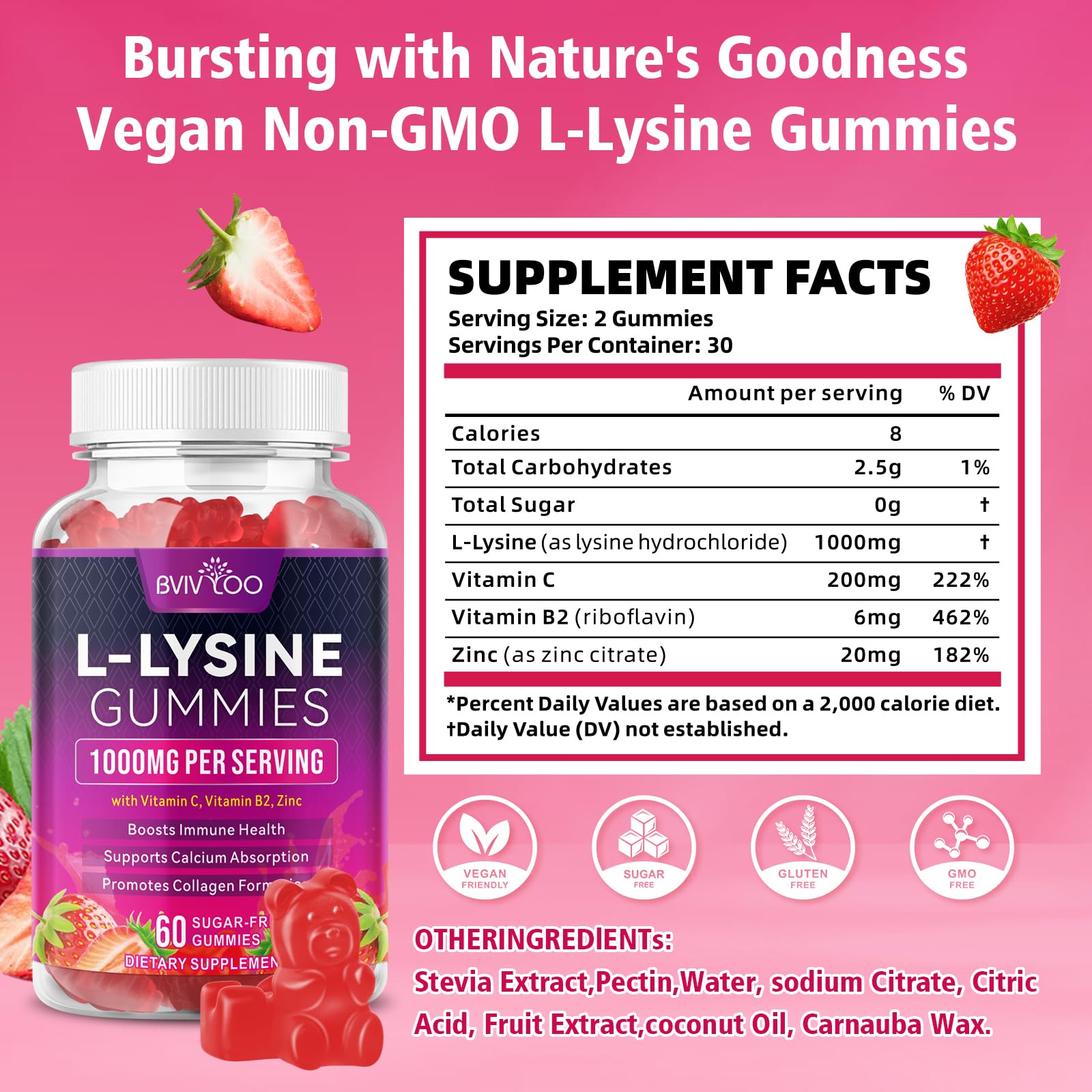 BVIVLOO L-Lysine 1000mg Gummies for Immune Support & Skin Health - High Potency Vegan Gummies, Sugar-Free, Natural Berry Flavor, Gluten-Free Chewable Supplement - dailyvitalstore