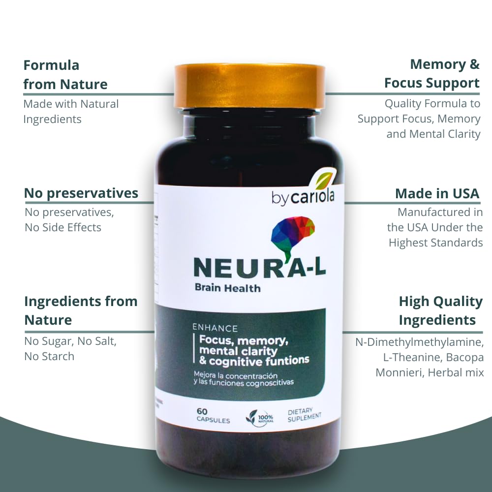 BY CARIOLA Neural-L Natural Brain Support Supplement 60 Caps - Mental Support – Memory Booster - Concentration - Natural Formula - Ashwagandha - L-Tyrosine - L-Theanine - dailyvitalstore