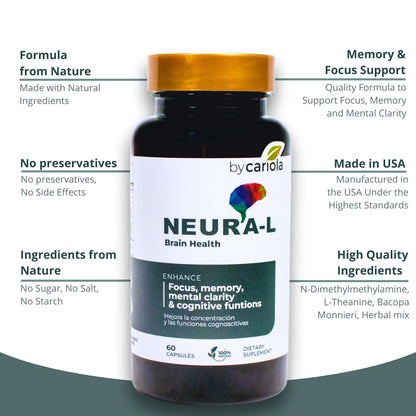 BY CARIOLA Neural-L Natural Brain Support Supplement 60 Caps - Mental Support – Memory Booster - Concentration - Natural Formula - Ashwagandha - L-Tyrosine - L-Theanine - dailyvitalstore