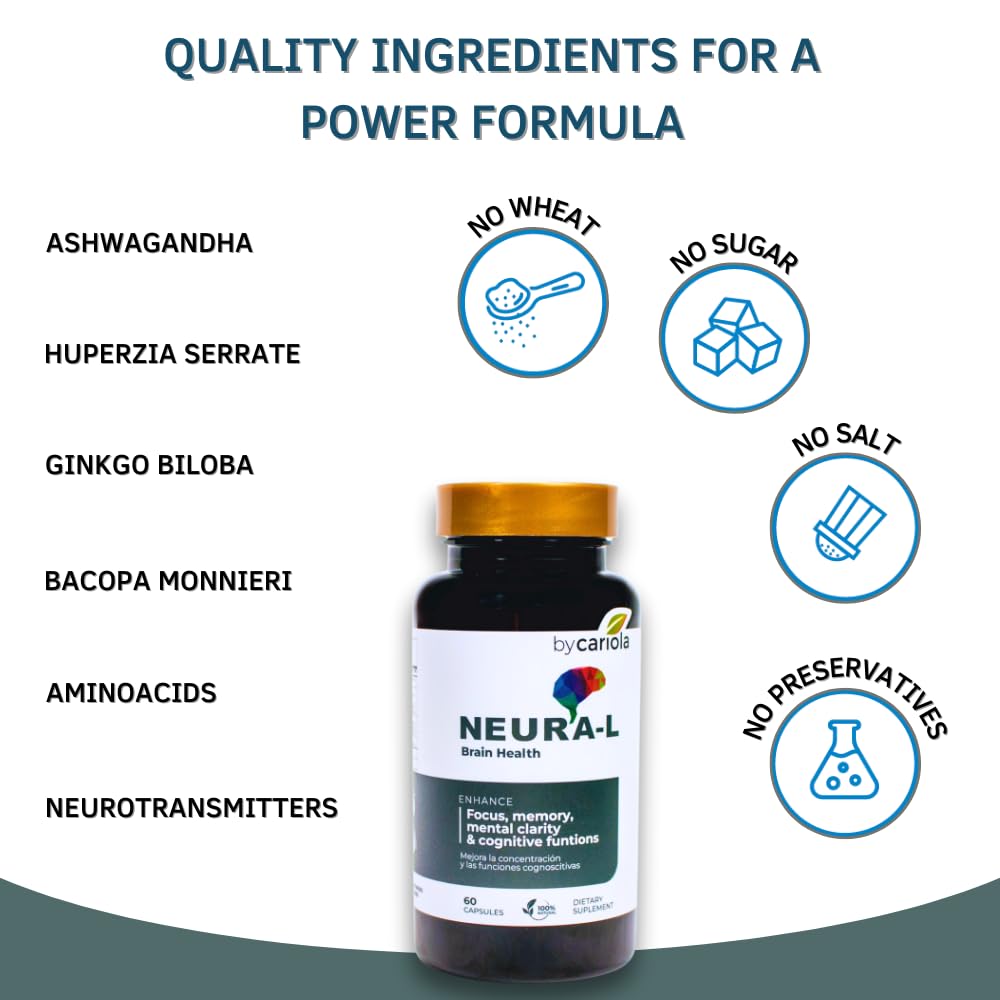 BY CARIOLA Neural-L Natural Brain Support Supplement 60 Caps - Mental Support – Memory Booster - Concentration - Natural Formula - Ashwagandha - L-Tyrosine - L-Theanine - dailyvitalstore