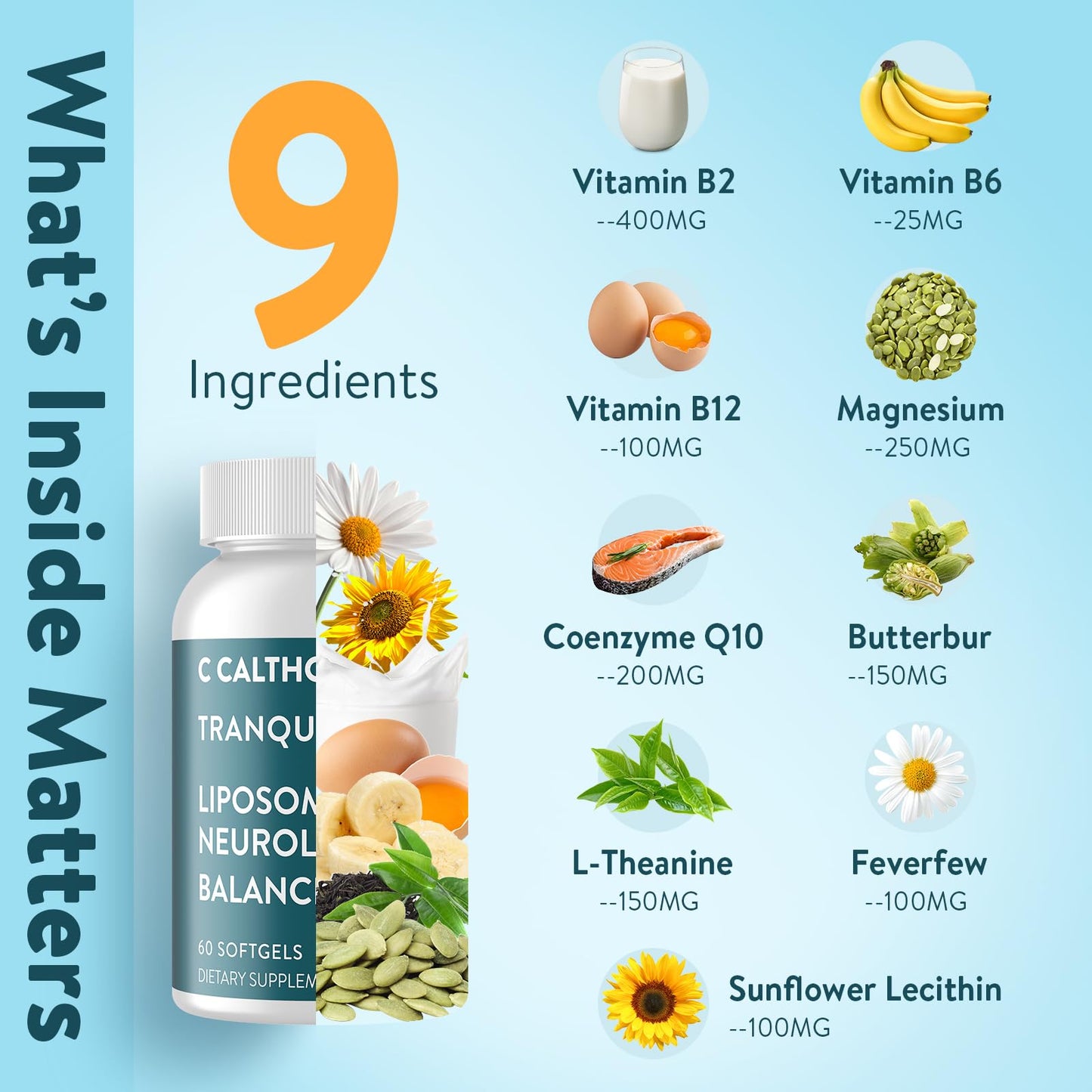 C Calthorvitana Migraine Relief Supplement – Liposomal Riboflavin, Vitamin B2 B6 & B12, Magnesium, CoQ10, L-Theanine, PA-Free Butterbur & Feverfew – Natural Head & Nerve – 60 Softgels - dailyvitalstore