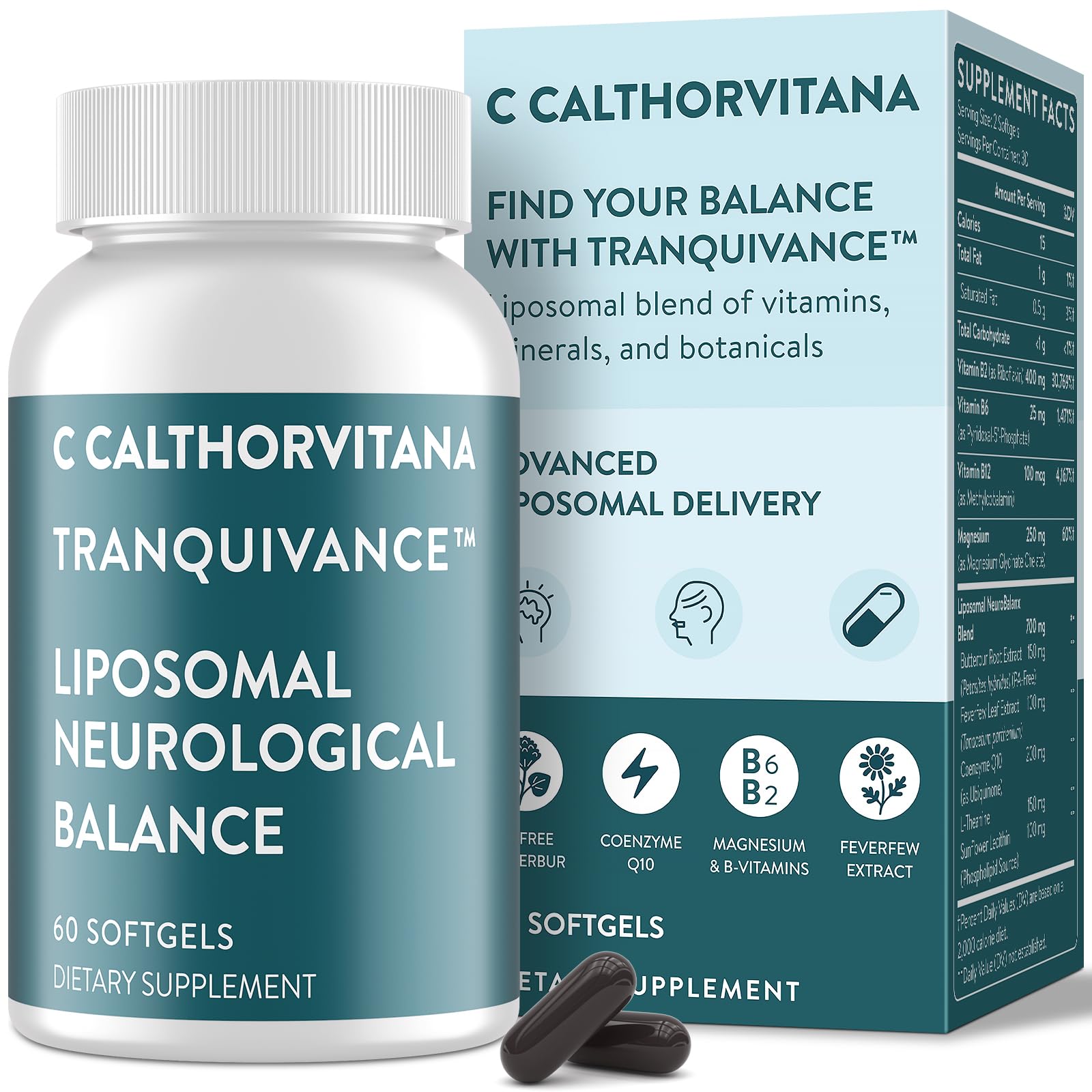 C Calthorvitana Migraine Relief Supplement – Liposomal Riboflavin, Vitamin B2 B6 & B12, Magnesium, CoQ10, L-Theanine, PA-Free Butterbur & Feverfew – Natural Head & Nerve – 60 Softgels - dailyvitalstore