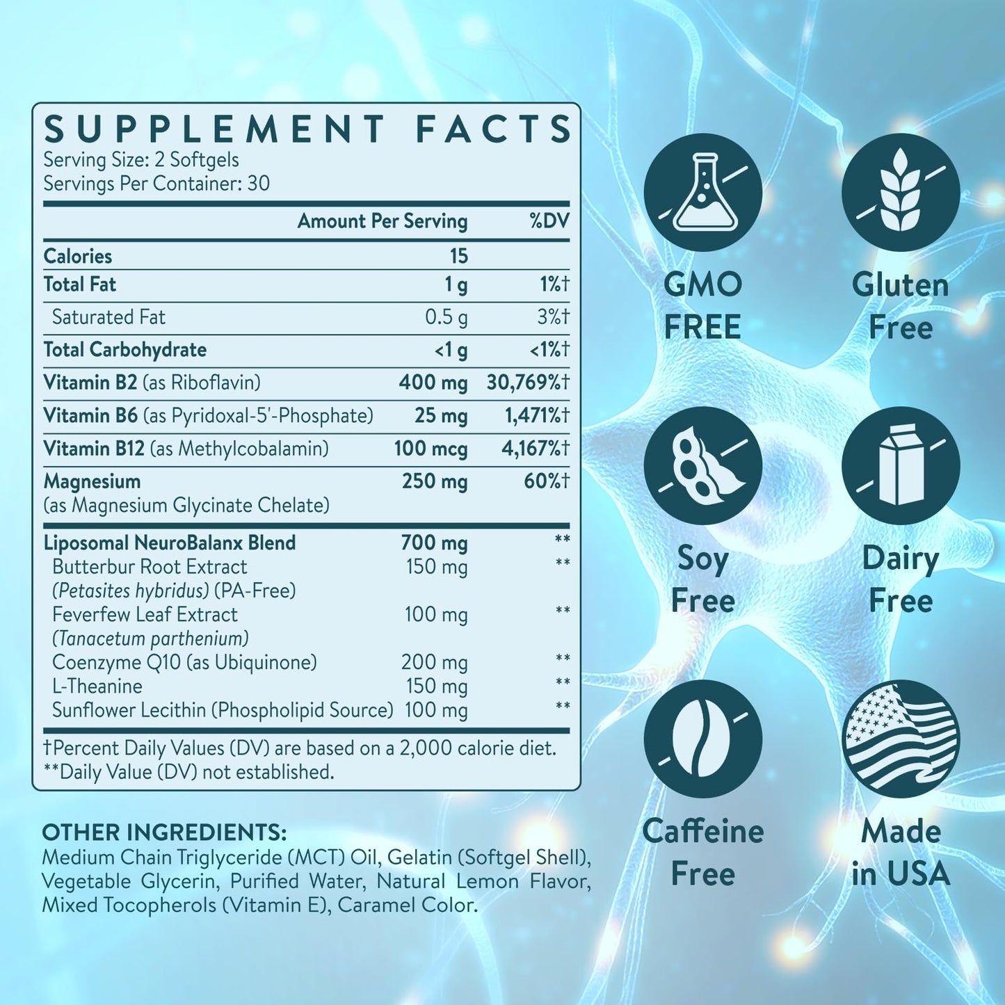 C Calthorvitana Migraine Relief Supplement – Liposomal Riboflavin, Vitamin B2 B6 & B12, Magnesium, CoQ10, L-Theanine, PA-Free Butterbur & Feverfew – Natural Head & Nerve – 60 Softgels - dailyvitalstore