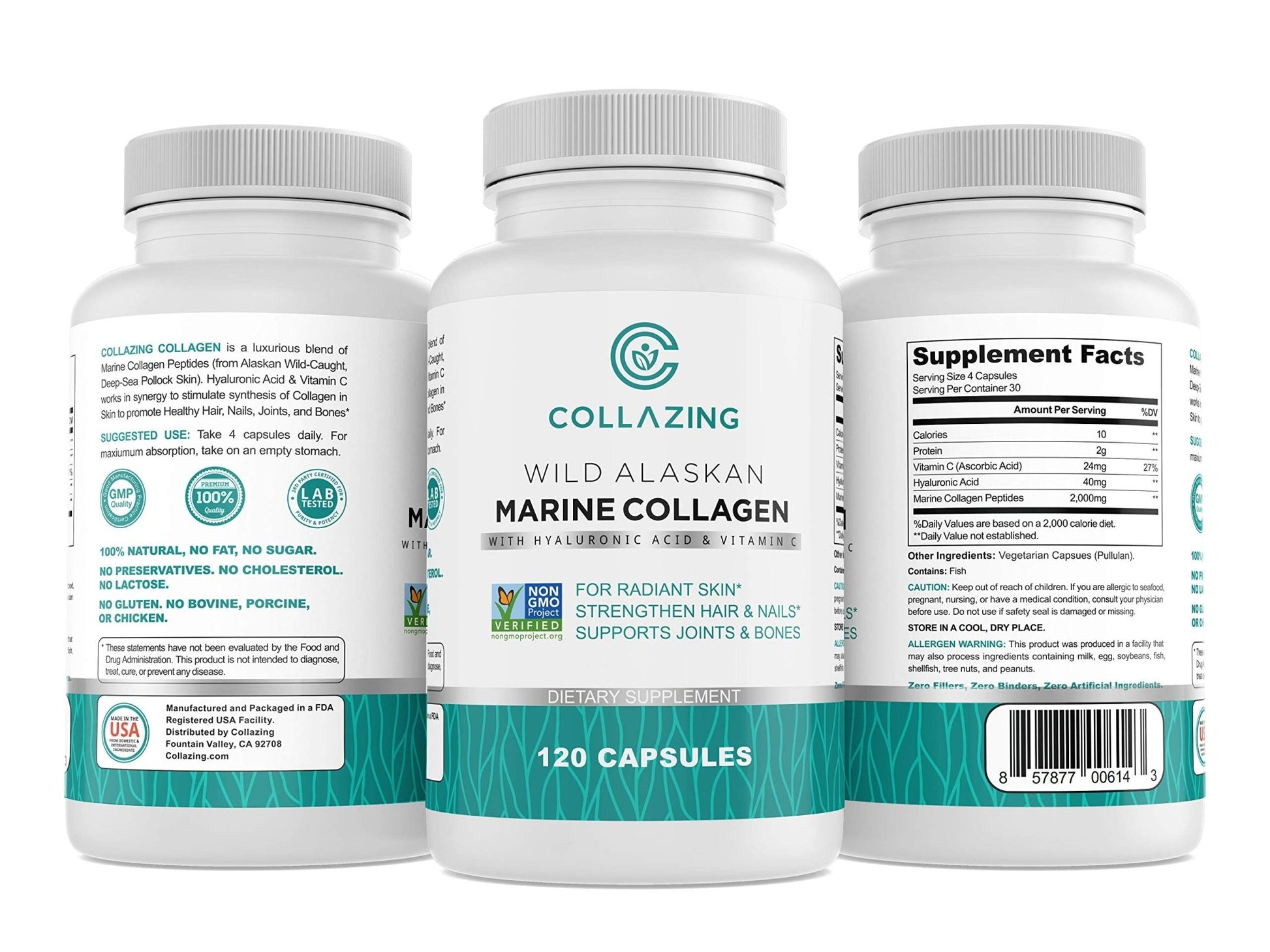 C COLLAZING - Alaskan Wild-Caught Marine Collagen Peptides with Hyaluronic Acid & Vitamin C - Supports Skin, Hair, Nails, Joints & Bones - Type 1 & 3 Collagen - dailyvitalstore