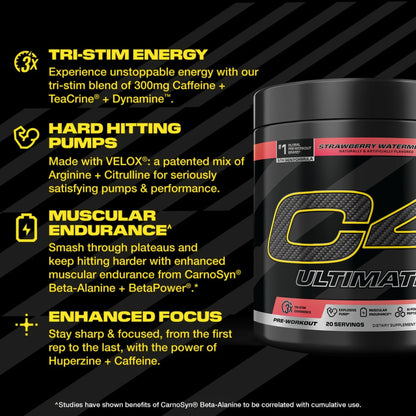 C4 Ultimate Pre Workout Powder Watermelon - Sugar Free Preworkout Energy Supplement for Men & Women - 300mg Caffeine + 3.2g Beta Alanine - dailyvitalstore