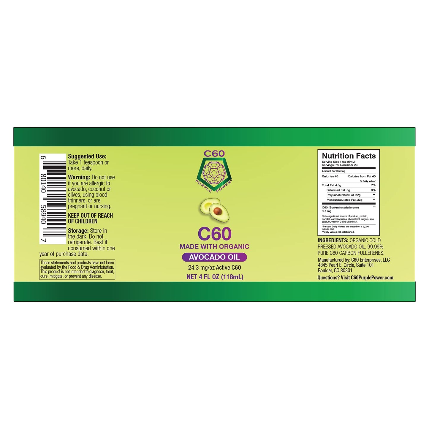 C60 Power C60 in Organic Avocado Oil - Natural Wellness & Antioxidant Support for Men & Women, 99.99% Pure Carbon Fullerenes, Promotes Energy, Mental Clarity, & Stamina - 4 fl oz Bottle - dailyvitalstore