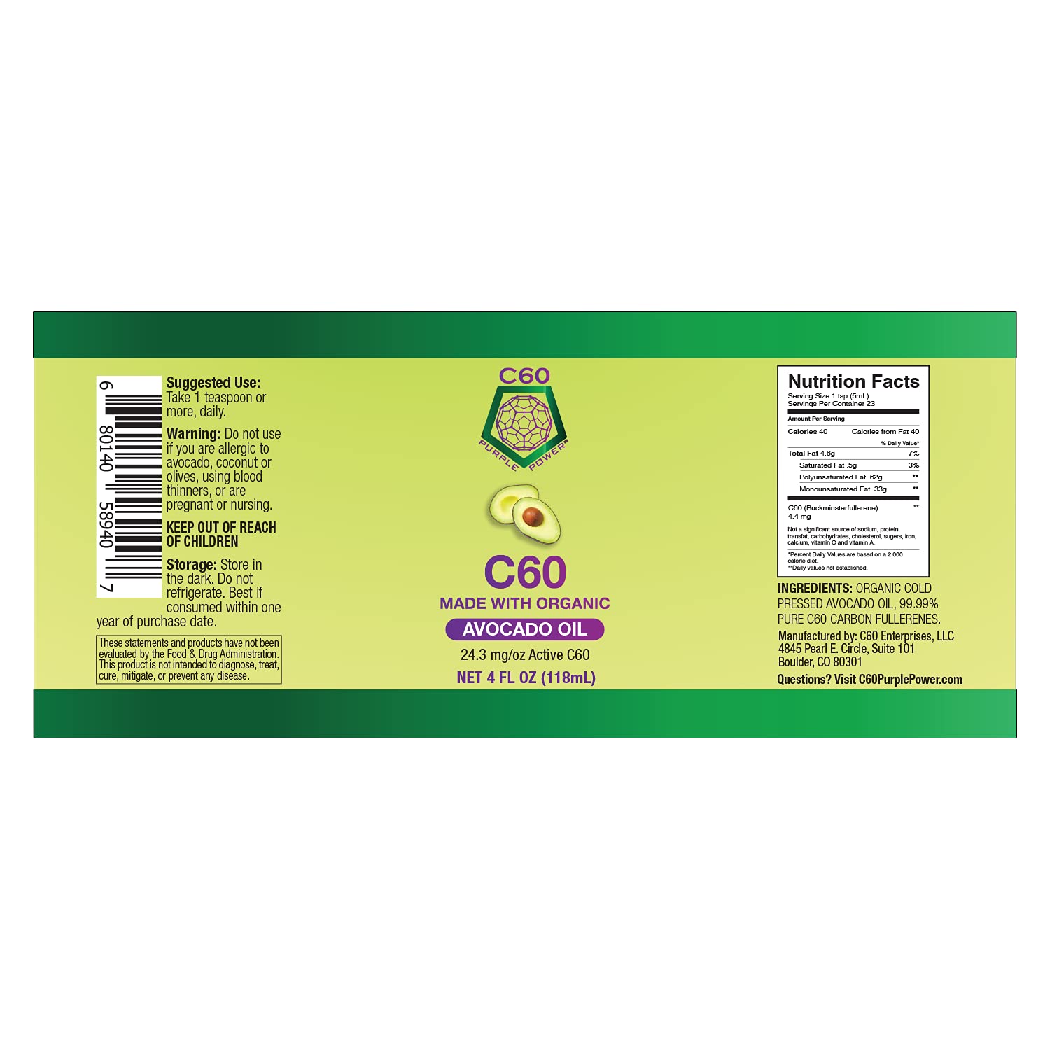 C60 Power C60 in Organic Avocado Oil - Natural Wellness & Antioxidant Support for Men & Women, 99.99% Pure Carbon Fullerenes, Promotes Energy, Mental Clarity, & Stamina - 4 fl oz Bottle - dailyvitalstore