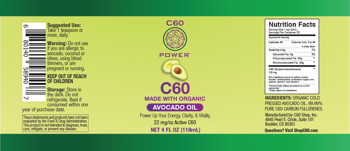 C60 Power C60 in Organic Avocado Oil - Natural Wellness & Antioxidant Support for Men & Women, 99.99% Pure Carbon Fullerenes, Promotes Energy, Mental Clarity, & Stamina - 4 fl oz Bottle - dailyvitalstore