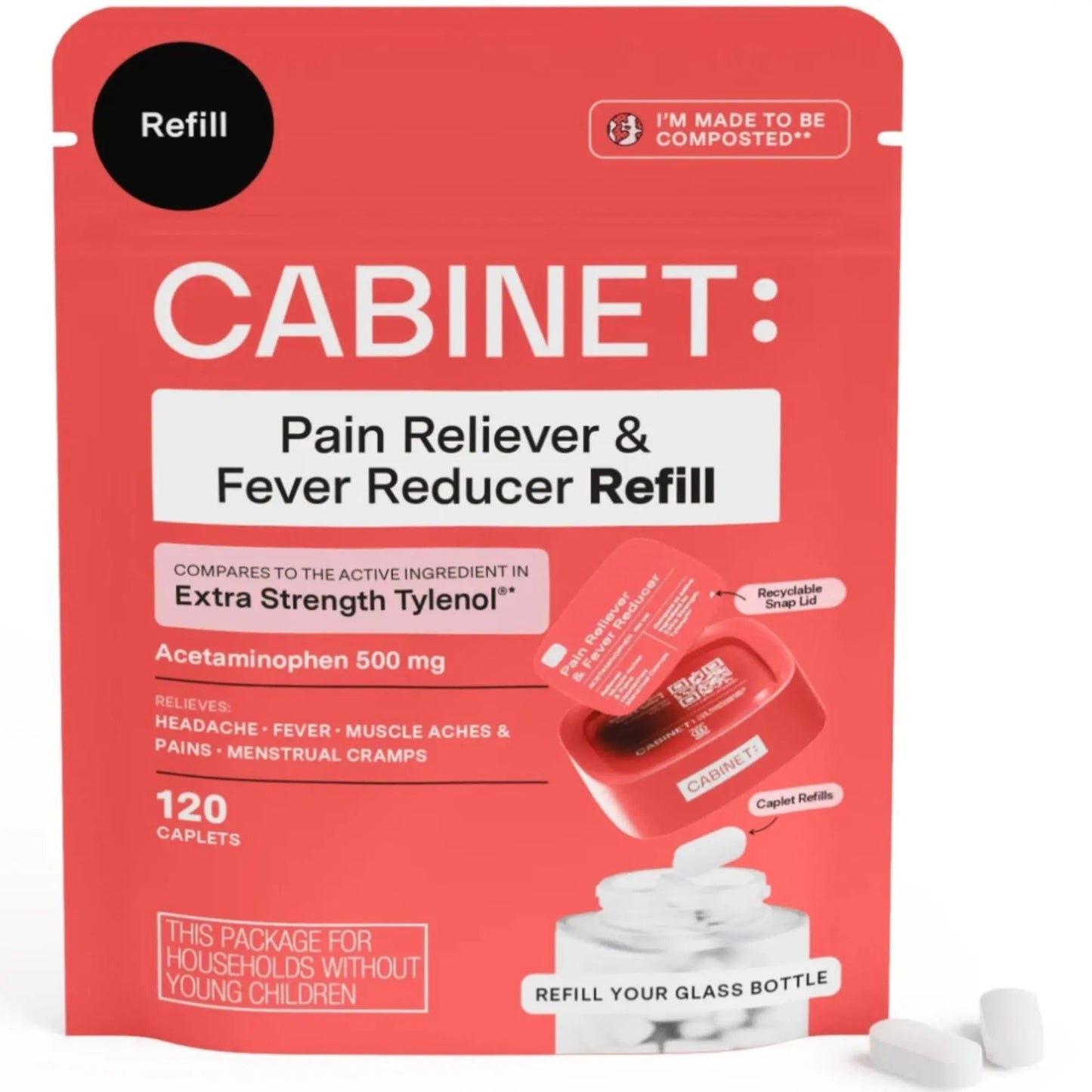 Cabinet: 500mg Acetaminophen for Headache Relief, Toothaches, Sore Throat, and Fever Reducer, 120 Tablets (Refill Pouch) - dailyvitalstore