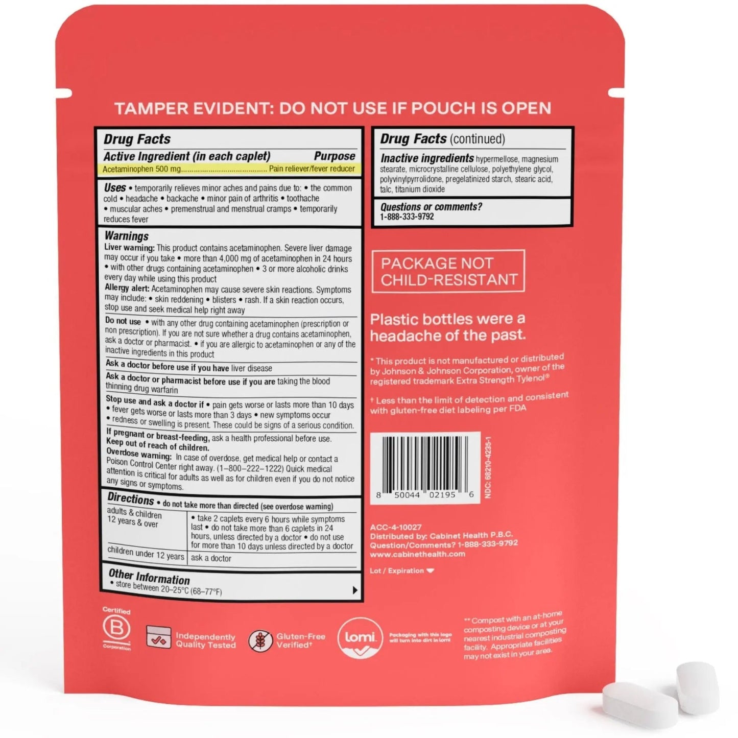 Cabinet: 500mg Acetaminophen for Headache Relief, Toothaches, Sore Throat, and Fever Reducer, 120 Tablets (Refill Pouch) - dailyvitalstore