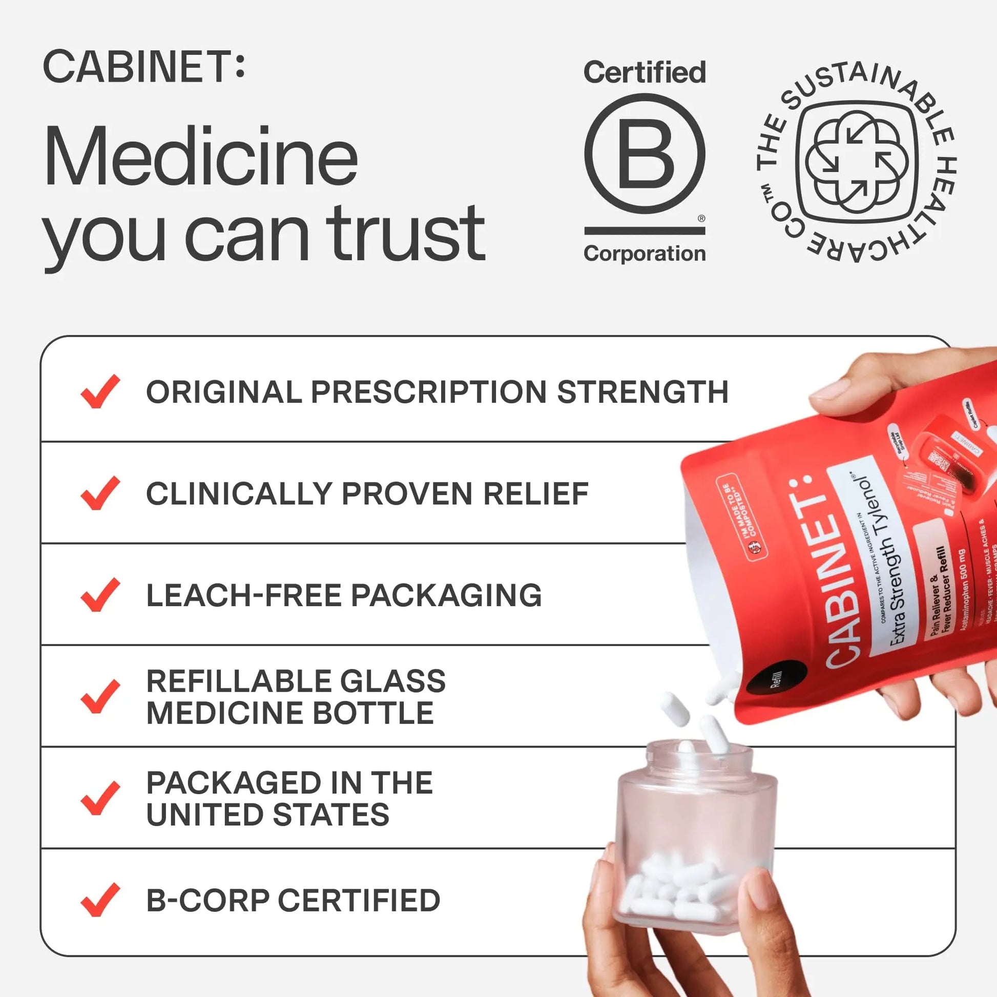 Cabinet: 500mg Acetaminophen for Headache Relief, Toothaches, Sore Throat, and Fever Reducer, Includes 1 Refillable Medicine Jar, 120 Tablets Refillable Glass Jar - w/Travel Tin - dailyvitalstore