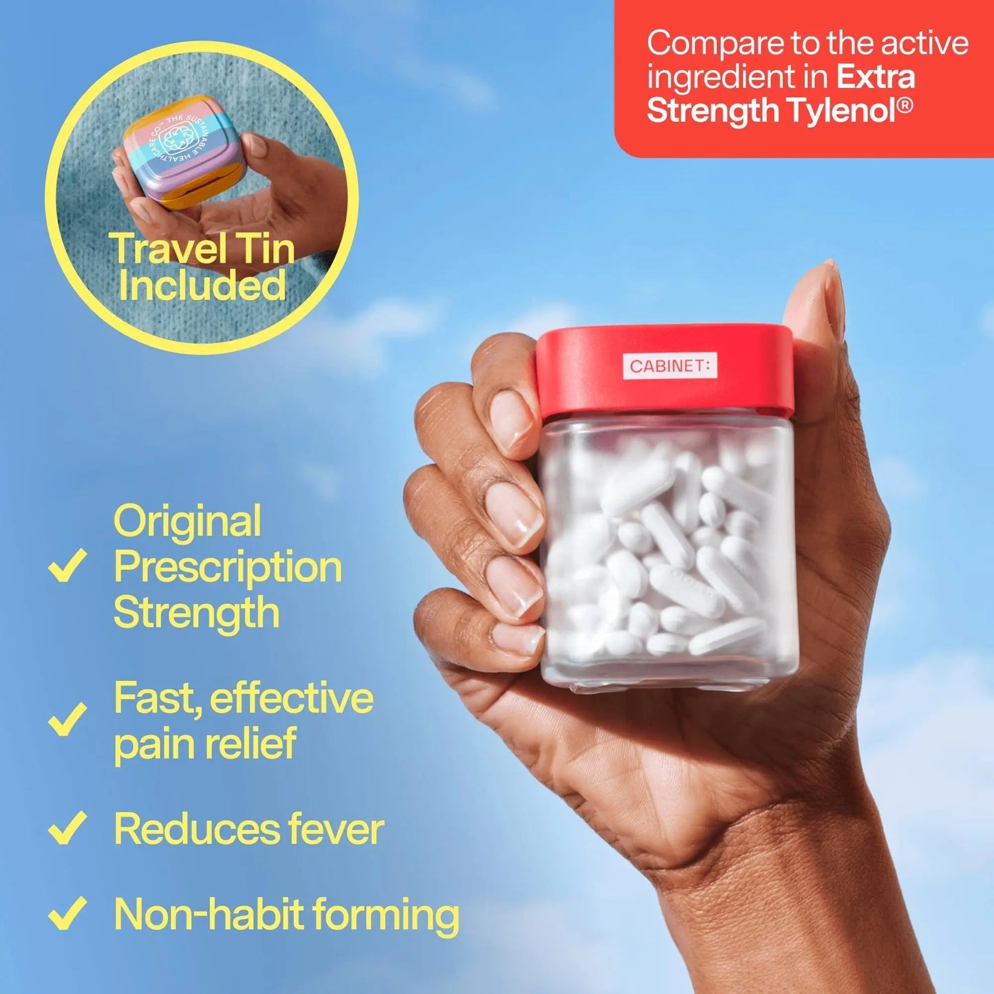 Cabinet: 500mg Acetaminophen for Headache Relief, Toothaches, Sore Throat, and Fever Reducer, Includes 1 Refillable Medicine Jar, 120 Tablets Refillable Glass Jar - w/Travel Tin - dailyvitalstore