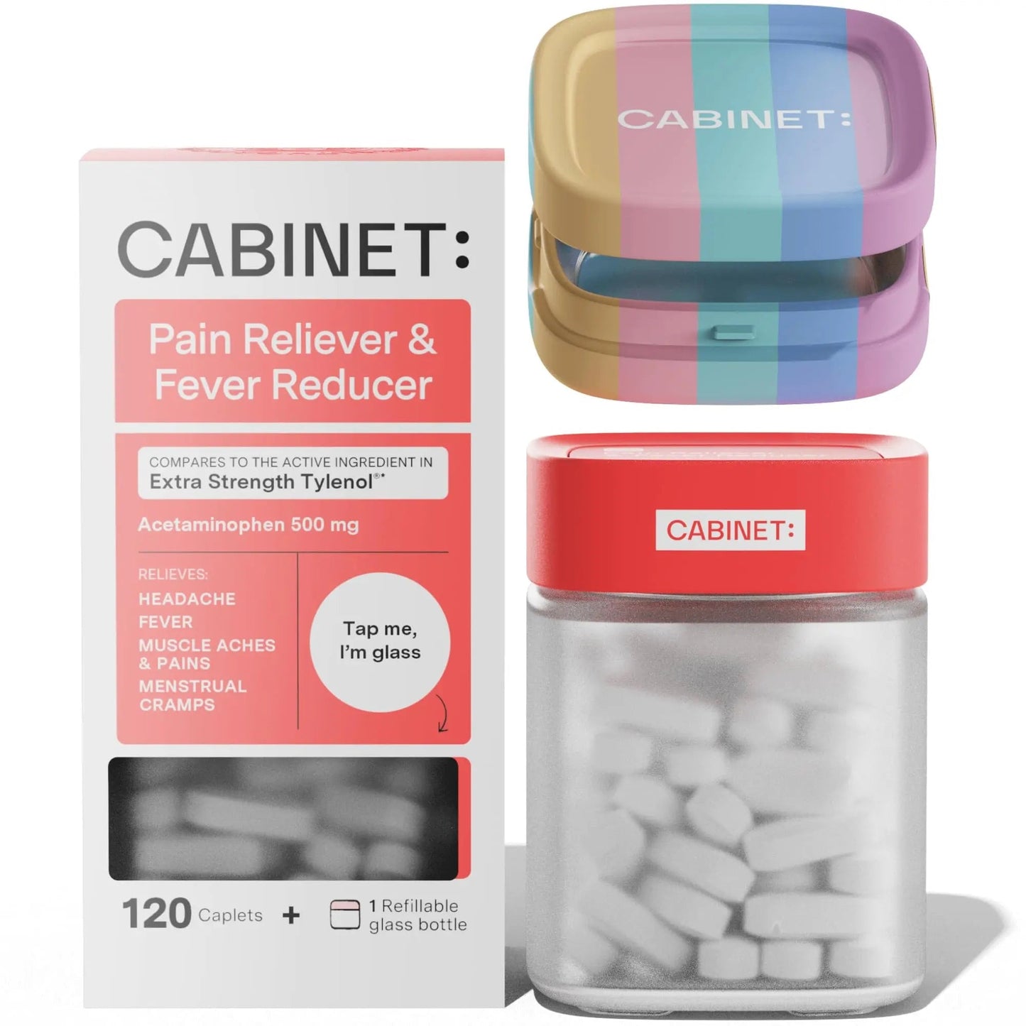 Cabinet: 500mg Acetaminophen for Headache Relief, Toothaches, Sore Throat, and Fever Reducer, Includes 1 Refillable Medicine Jar, 120 Tablets Refillable Glass Jar - w/Travel Tin - dailyvitalstore
