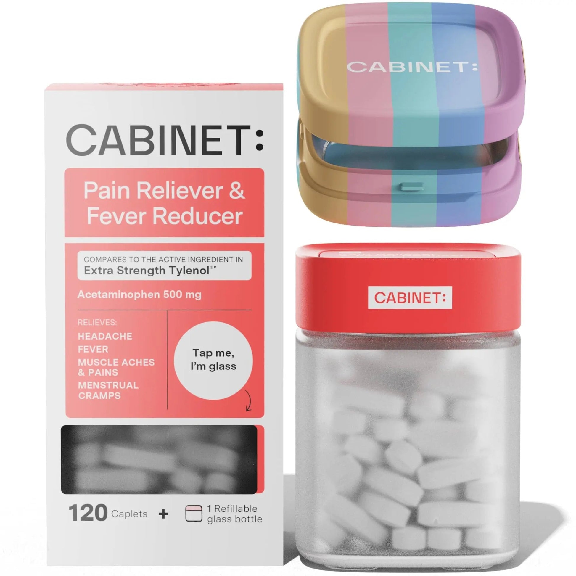Cabinet: 500mg Acetaminophen for Headache Relief, Toothaches, Sore Throat, and Fever Reducer, Includes 1 Refillable Medicine Jar, 120 Tablets Refillable Glass Jar - w/Travel Tin - dailyvitalstore