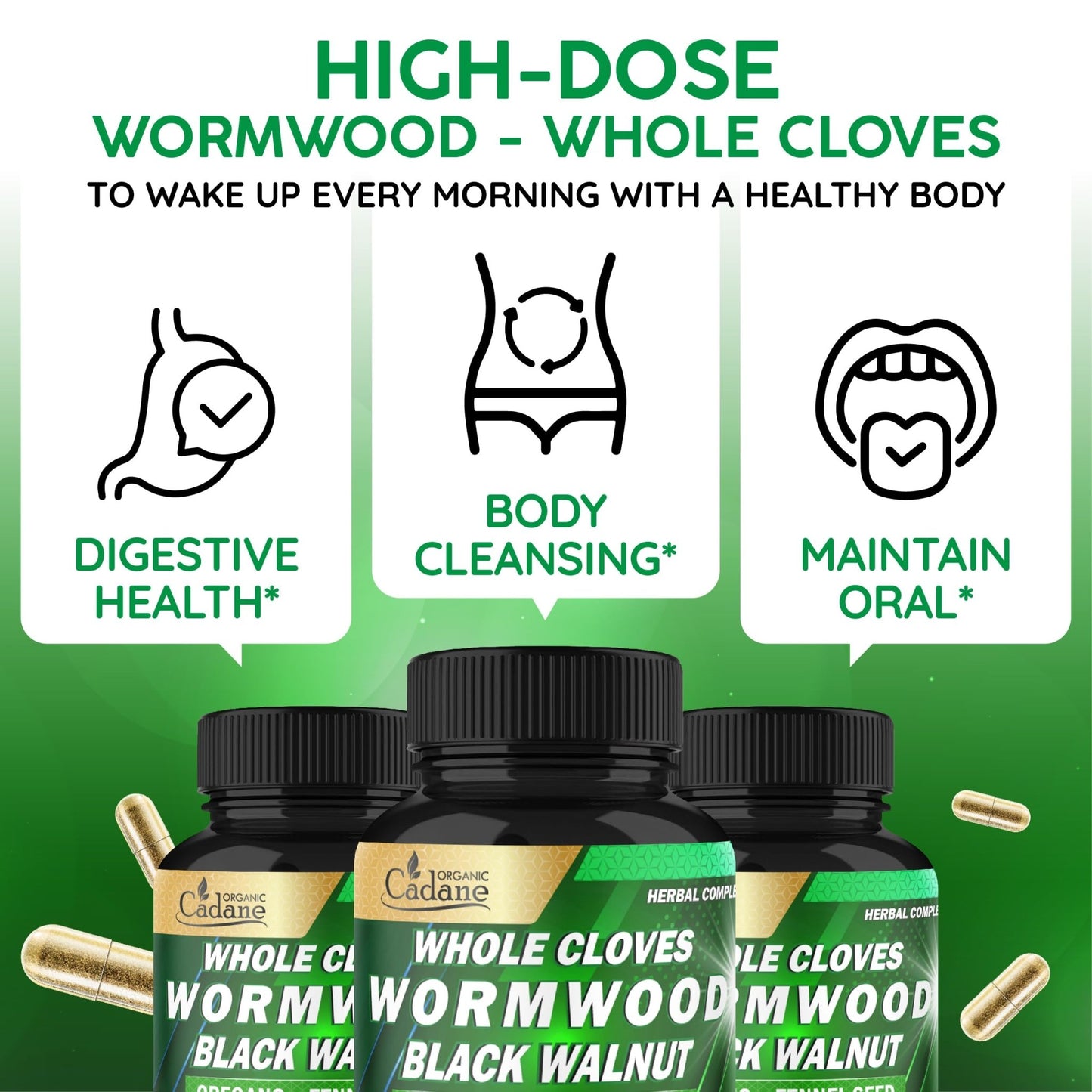 Cadane Wormwood Whole Cloves Black Walnut with Ginger, Garlic, Oregano, Fennel & Black Pepper | Digestive & Wellness Support | 120 Capsules – 60-Day - dailyvitalstore