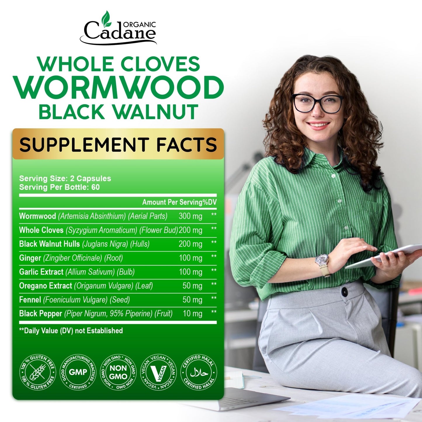 Cadane Wormwood Whole Cloves Black Walnut with Ginger, Garlic, Oregano, Fennel & Black Pepper | Digestive & Wellness Support | 120 Capsules – 60-Day - dailyvitalstore