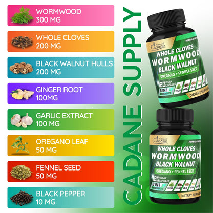 Cadane Wormwood Whole Cloves Black Walnut with Ginger, Garlic, Oregano, Fennel & Black Pepper | Digestive & Wellness Support | 120 Capsules – 60-Day - dailyvitalstore