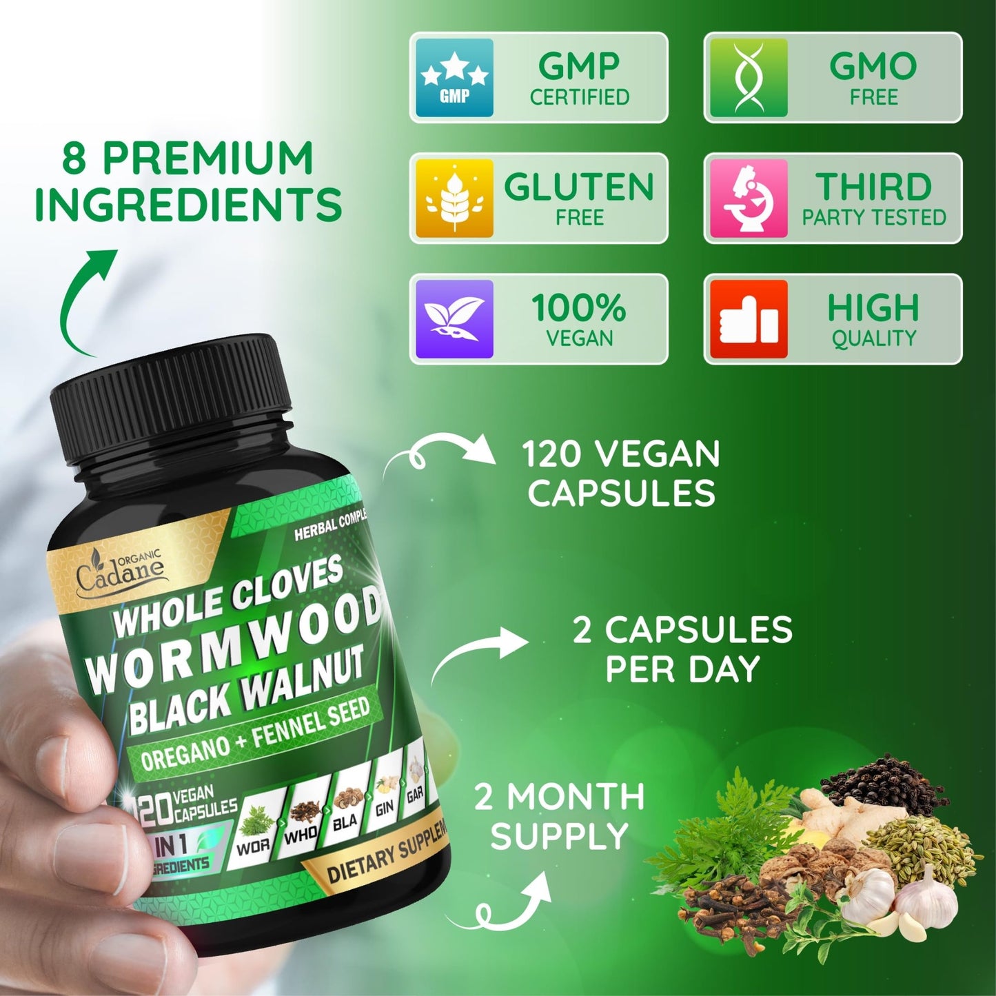 Cadane Wormwood Whole Cloves Black Walnut with Ginger, Garlic, Oregano, Fennel & Black Pepper | Digestive & Wellness Support | 120 Capsules – 60-Day - dailyvitalstore