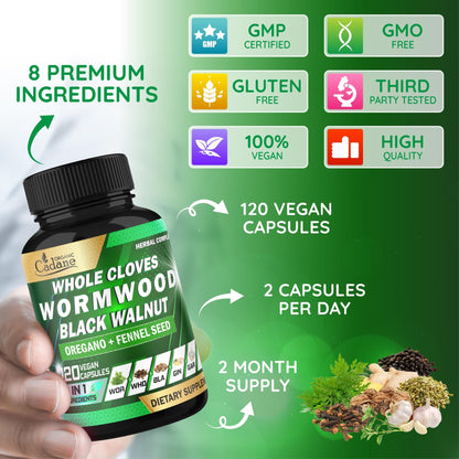 Cadane Wormwood Whole Cloves Black Walnut with Ginger, Garlic, Oregano, Fennel & Black Pepper | Digestive & Wellness Support | 120 Capsules – 60-Day - dailyvitalstore