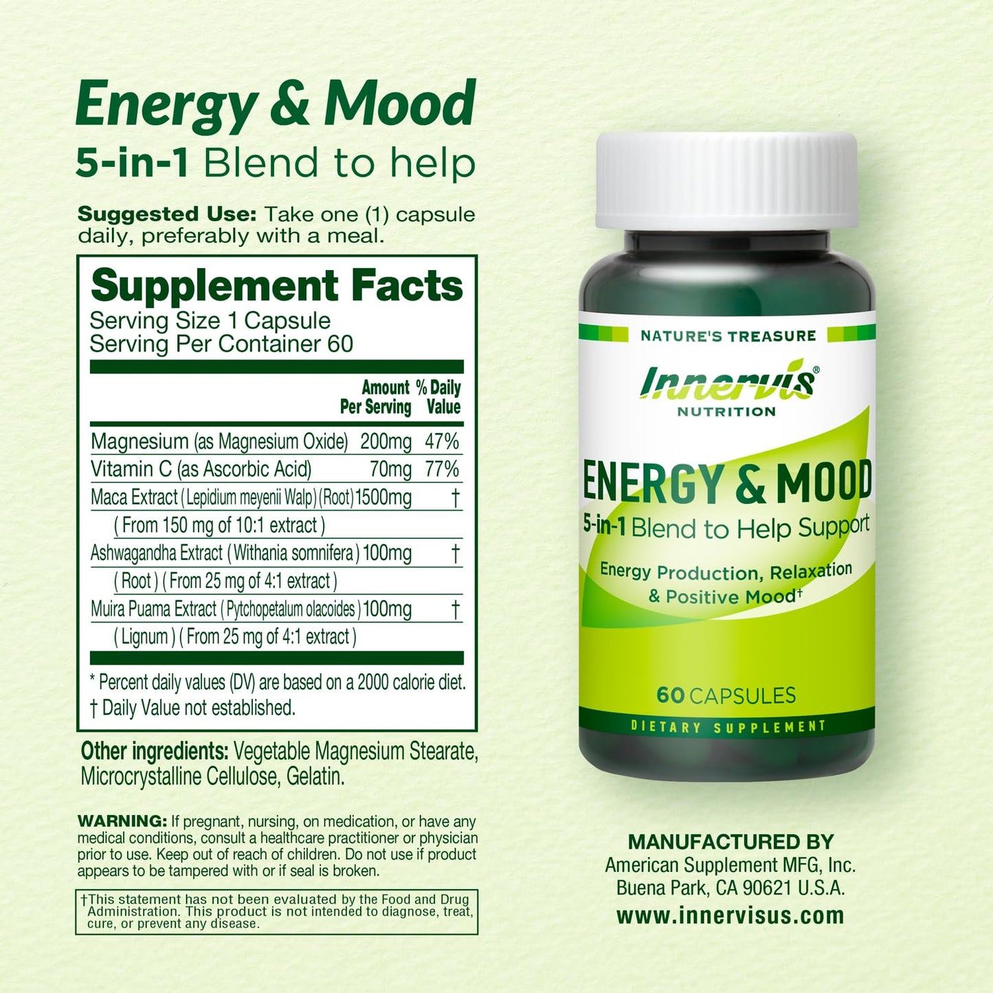 Caffeine Free Natural Energy Boost with Ashwagandha, Maca & Magnesium - Support Stress Relief, Focus & Mood - 60 Capsules by Innervis Nutrition - dailyvitalstore
