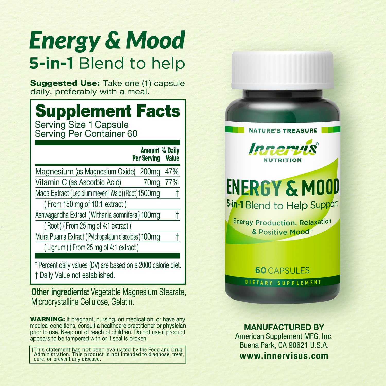 Caffeine Free Natural Energy Boost with Ashwagandha, Maca & Magnesium - Support Stress Relief, Focus & Mood - 60 Capsules by Innervis Nutrition - dailyvitalstore