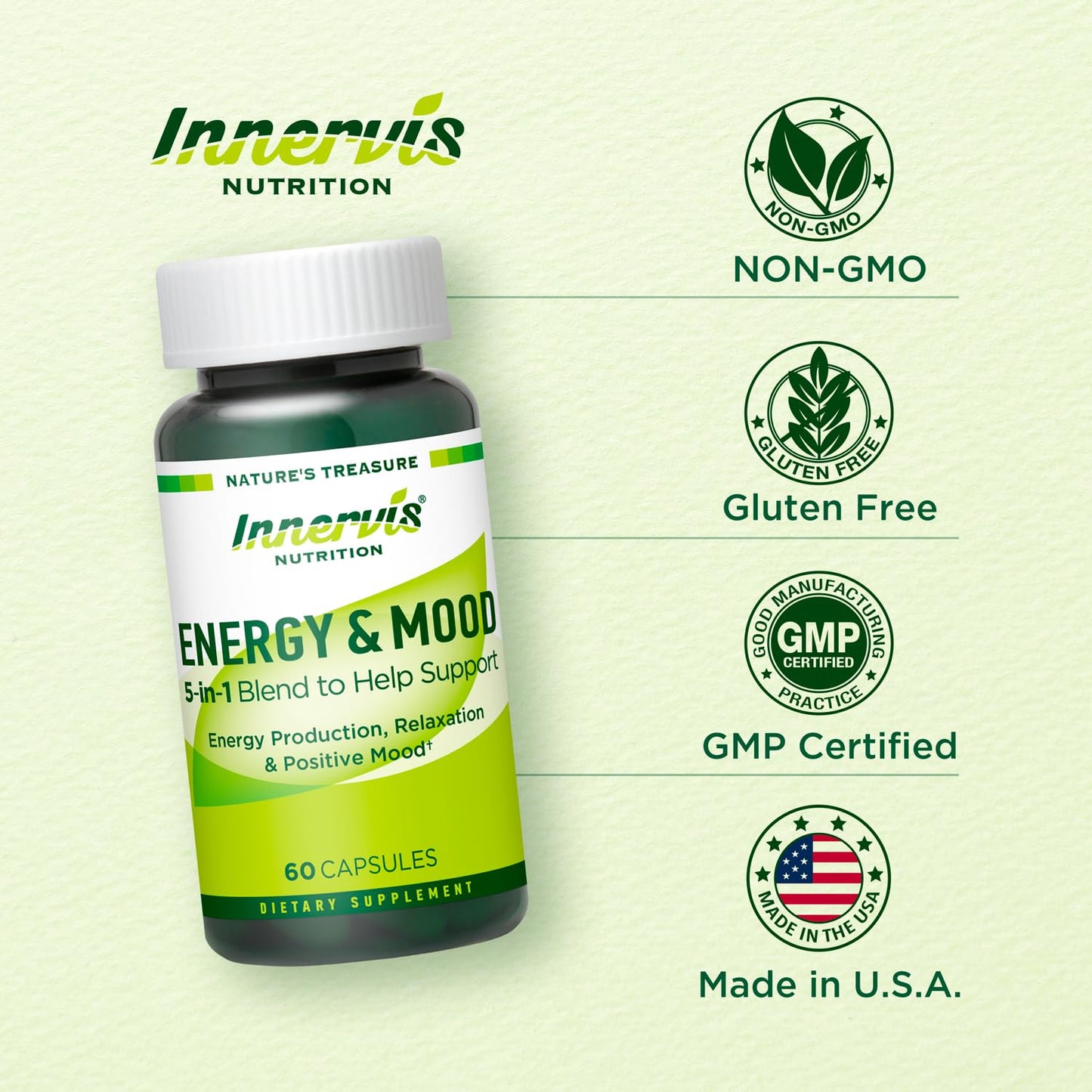 Caffeine Free Natural Energy Boost with Ashwagandha, Maca & Magnesium - Support Stress Relief, Focus & Mood - 60 Capsules by Innervis Nutrition - dailyvitalstore