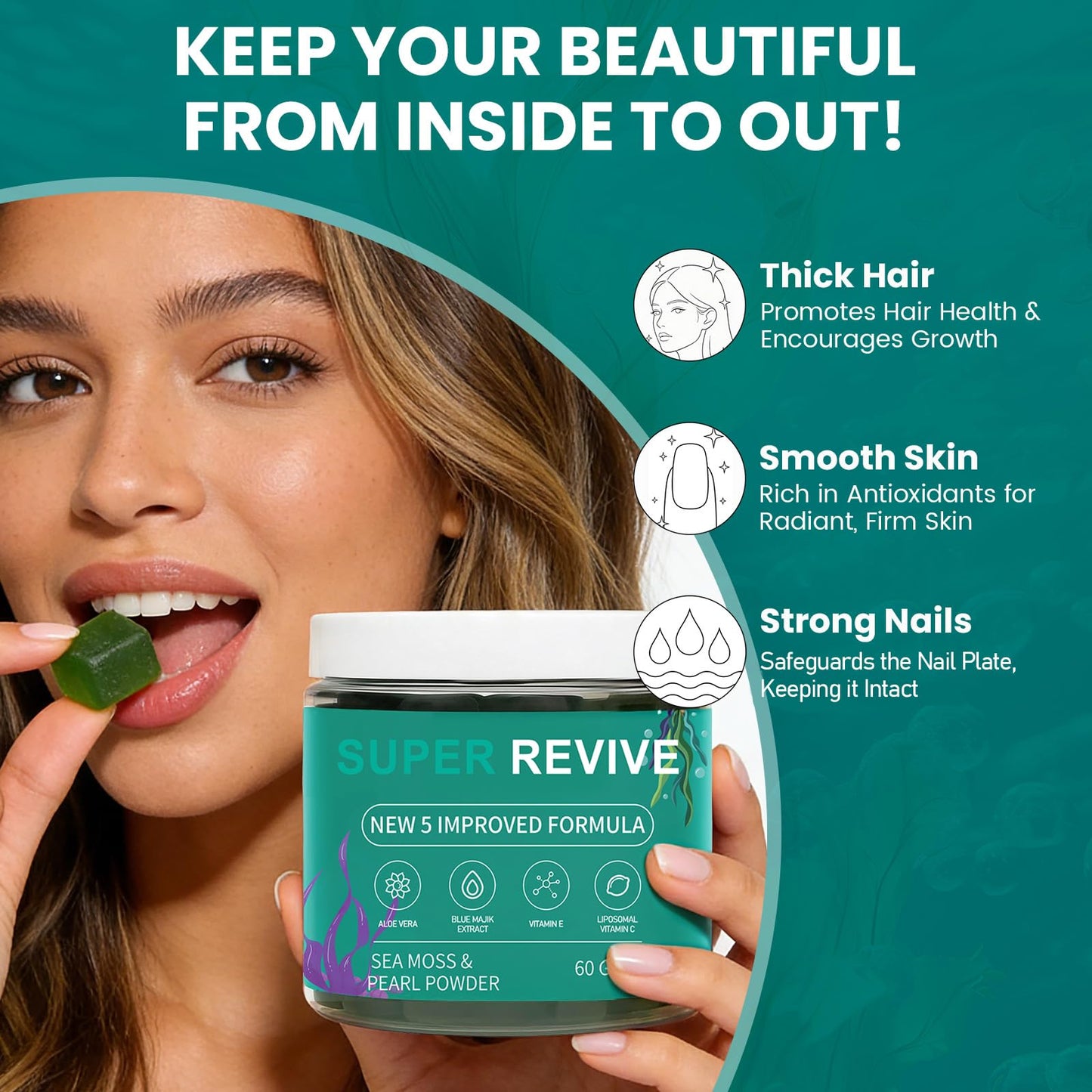 caicieter Super Revive Gummies for Hair Loss - Sea Moss Gummies with Vitamin C, E, Aloe Vera & Pearl Powder Glow, Promotes Thicker, Fuller & Stronger Hair - 60 Count - dailyvitalstore