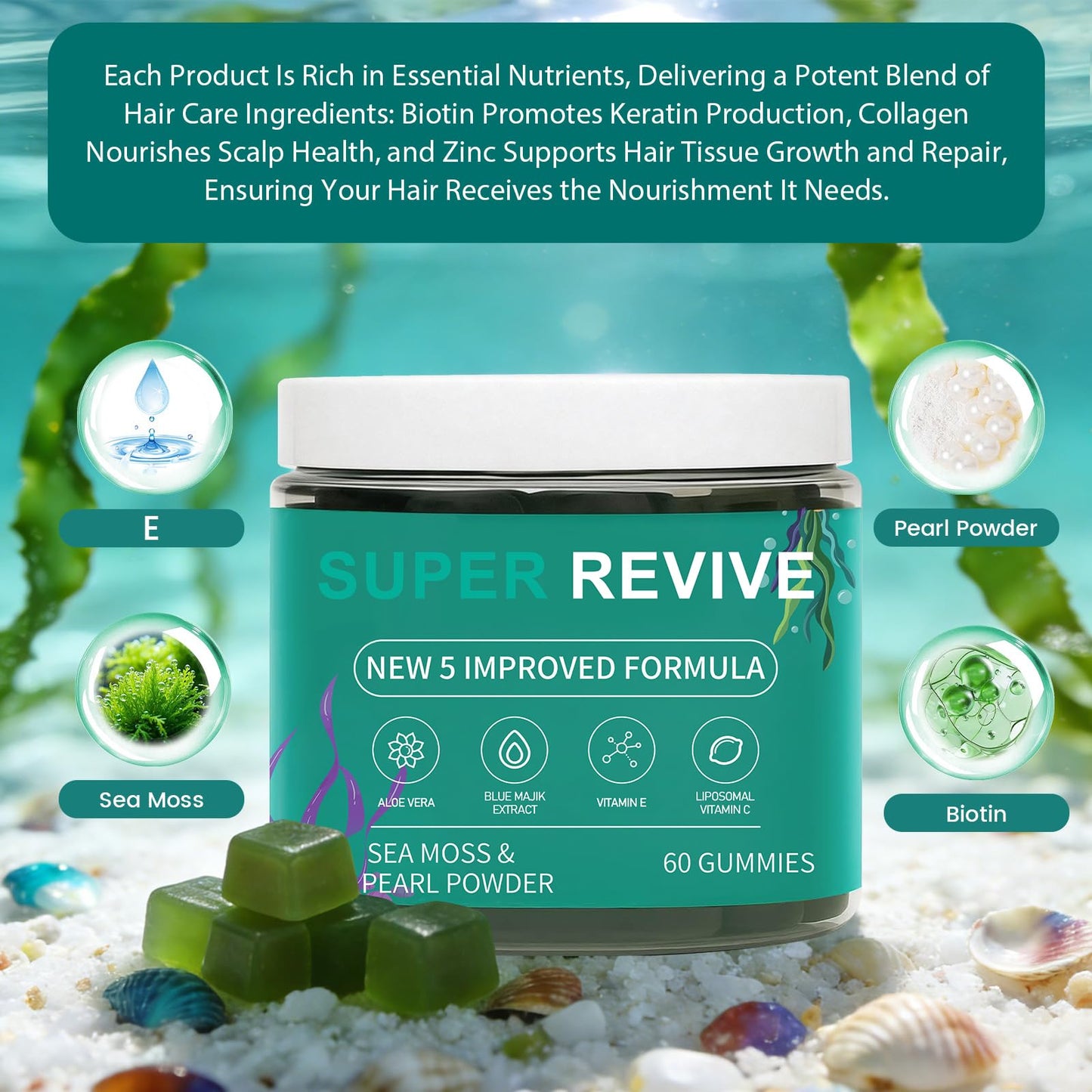 caicieter Super Revive Gummies for Hair Loss - Sea Moss Gummies with Vitamin C, E, Aloe Vera & Pearl Powder Glow, Promotes Thicker, Fuller & Stronger Hair - 60 Count - dailyvitalstore