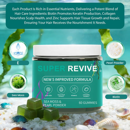 caicieter Super Revive Gummies for Hair Loss - Sea Moss Gummies with Vitamin C, E, Aloe Vera & Pearl Powder Glow, Promotes Thicker, Fuller & Stronger Hair - 60 Count - dailyvitalstore
