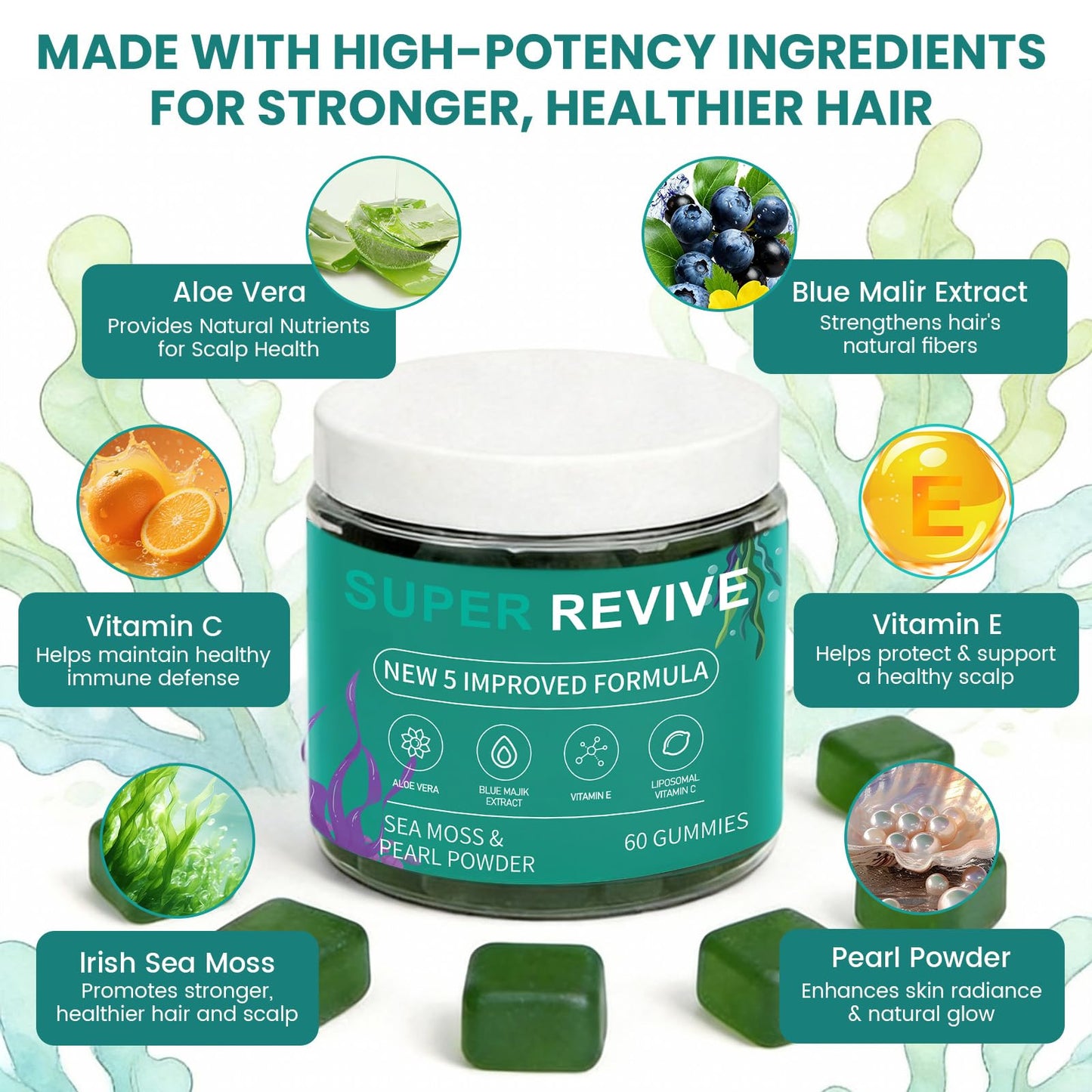 caicieter Super Revive Gummies for Hair Loss - Sea Moss Gummies with Vitamin C, E, Aloe Vera & Pearl Powder Glow, Promotes Thicker, Fuller & Stronger Hair - 60 Count - dailyvitalstore