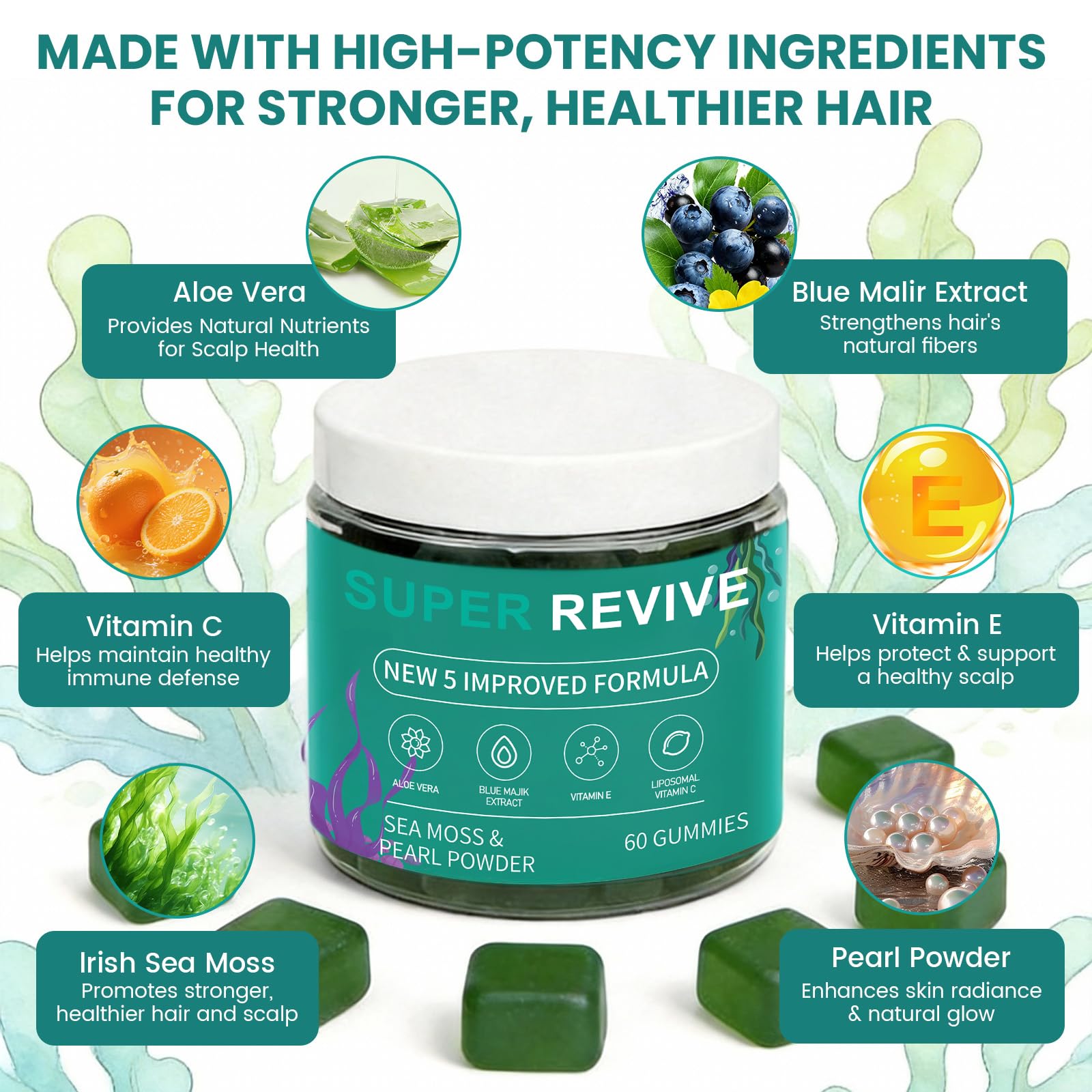 caicieter Super Revive Gummies for Hair Loss - Sea Moss Gummies with Vitamin C, E, Aloe Vera & Pearl Powder Glow, Promotes Thicker, Fuller & Stronger Hair - 60 Count - dailyvitalstore