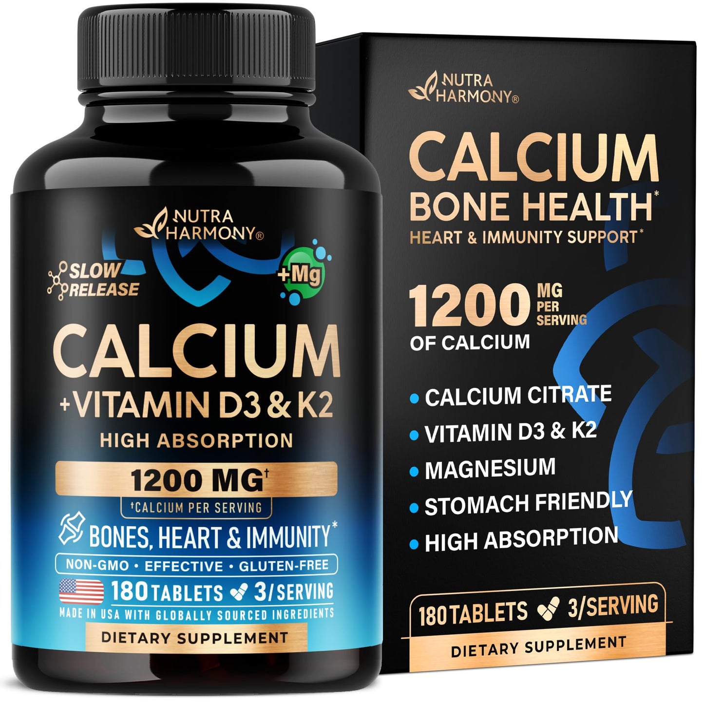 Calcium 1200 mg with Vitamin D3 - Calcium Citrate Supplements for Women & Men - Bone Health, Strength & Density - High Absorption & Slow Release - dailyvitalstore
