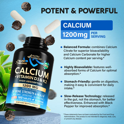 Calcium 1200 mg with Vitamin D3 - Calcium Citrate Supplements for Women & Men - Bone Health, Strength & Density - High Absorption & Slow Release - dailyvitalstore