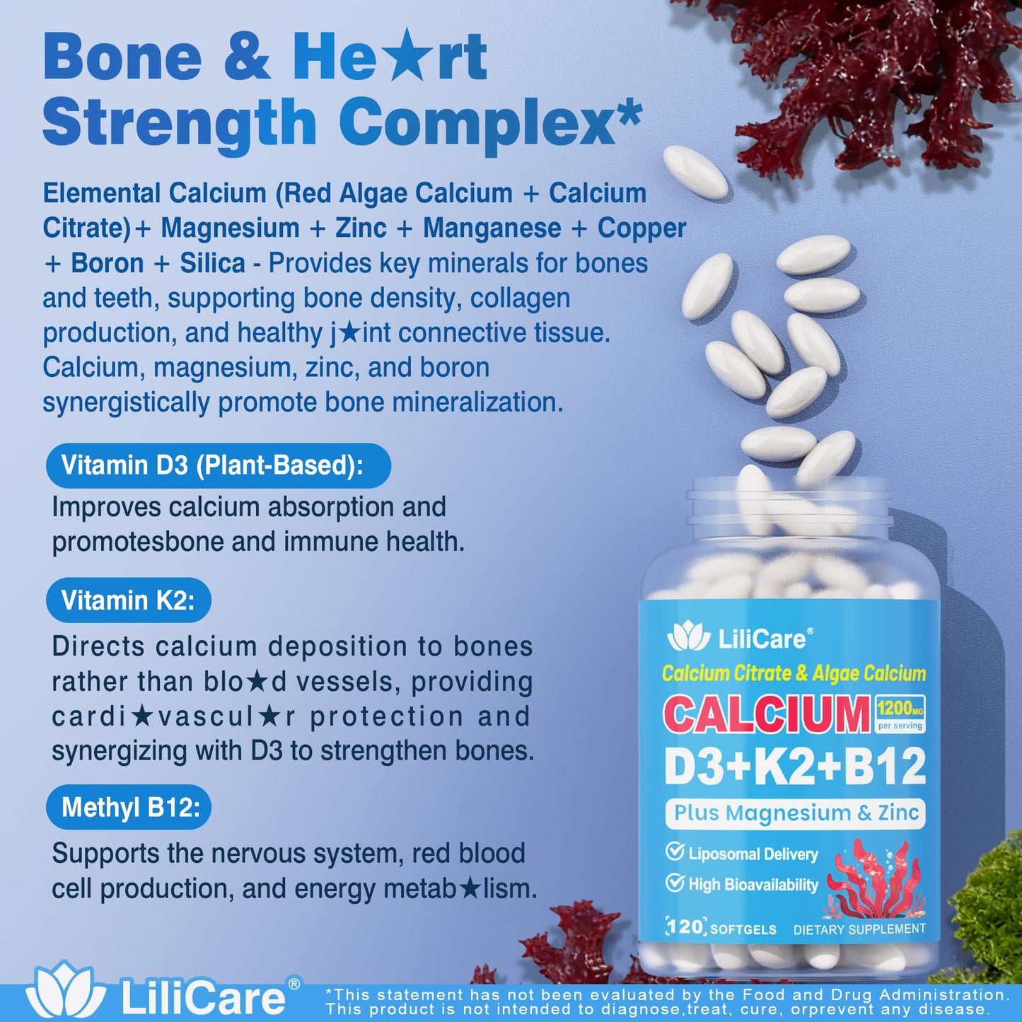 Calcium 1200 mg with Vitamin D3 K2 5000 IU Softgels Supplement for Women Men - Liposomal Calcium Citrate & Algae Calcium Magnesium Zinc + D3 K2 B12 - dailyvitalstore