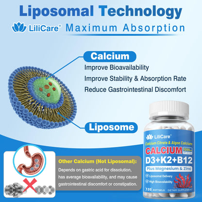 Calcium 1200 mg with Vitamin D3 K2 5000 IU Softgels Supplement for Women Men - Liposomal Calcium Citrate & Algae Calcium Magnesium Zinc + D3 K2 B12 - dailyvitalstore