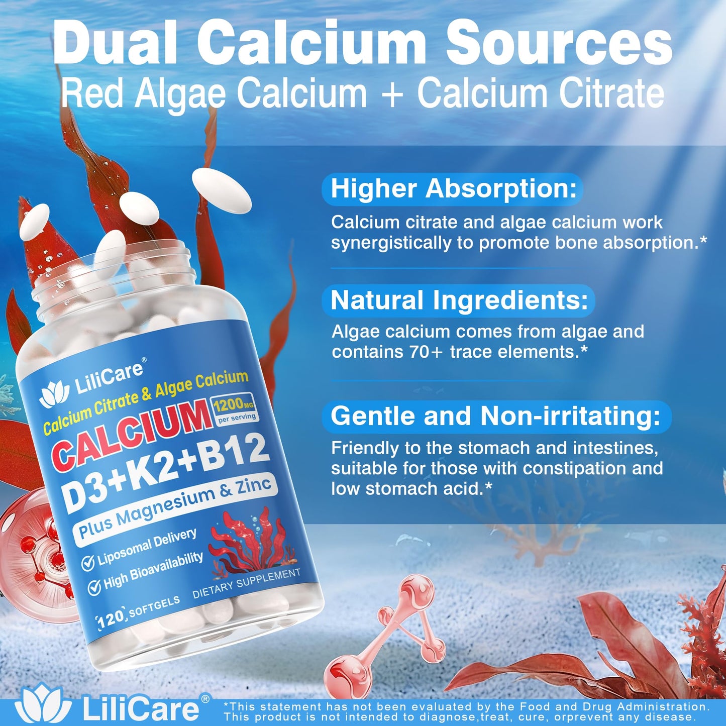 Calcium 1200 mg with Vitamin D3 K2 5000 IU Softgels Supplement for Women Men - Liposomal Calcium Citrate & Algae Calcium Magnesium Zinc + D3 K2 B12 - dailyvitalstore