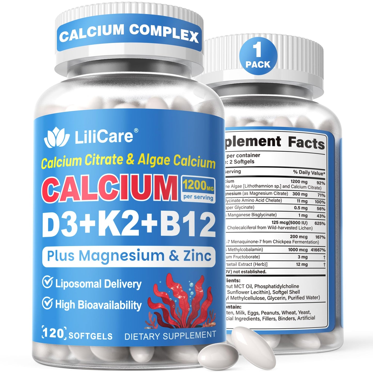 Calcium 1200 mg with Vitamin D3 K2 5000 IU Softgels Supplement for Women Men - Liposomal Calcium Citrate & Algae Calcium Magnesium Zinc + D3 K2 B12 - dailyvitalstore