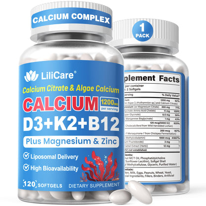 Calcium 1200 mg with Vitamin D3 K2 5000 IU Softgels Supplement for Women Men - Liposomal Calcium Citrate & Algae Calcium Magnesium Zinc + D3 K2 B12 - dailyvitalstore