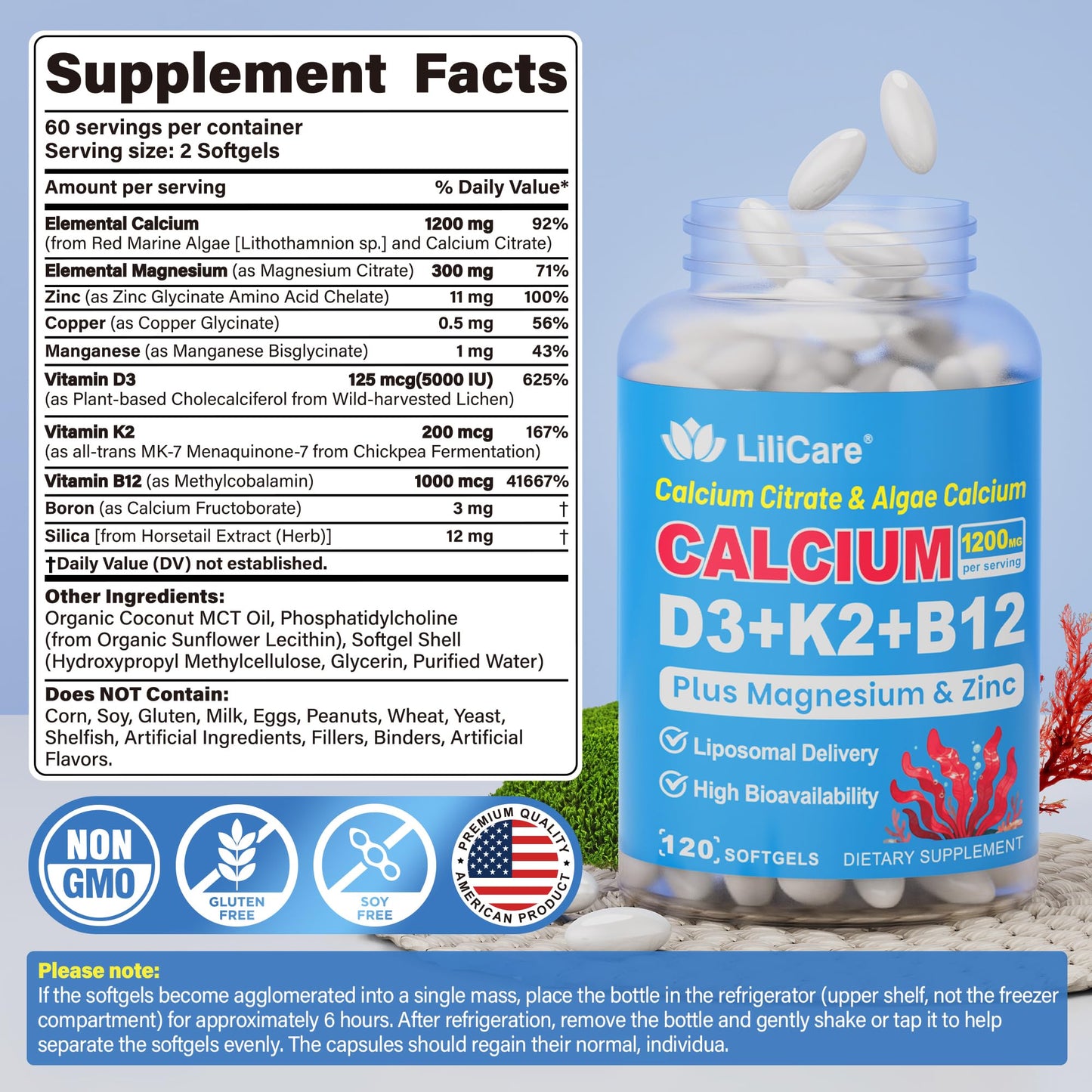 Calcium 1200 mg with Vitamin D3 K2 5000 IU Softgels Supplement for Women Men - Liposomal Calcium Citrate & Algae Calcium Magnesium Zinc + D3 K2 B12 - dailyvitalstore