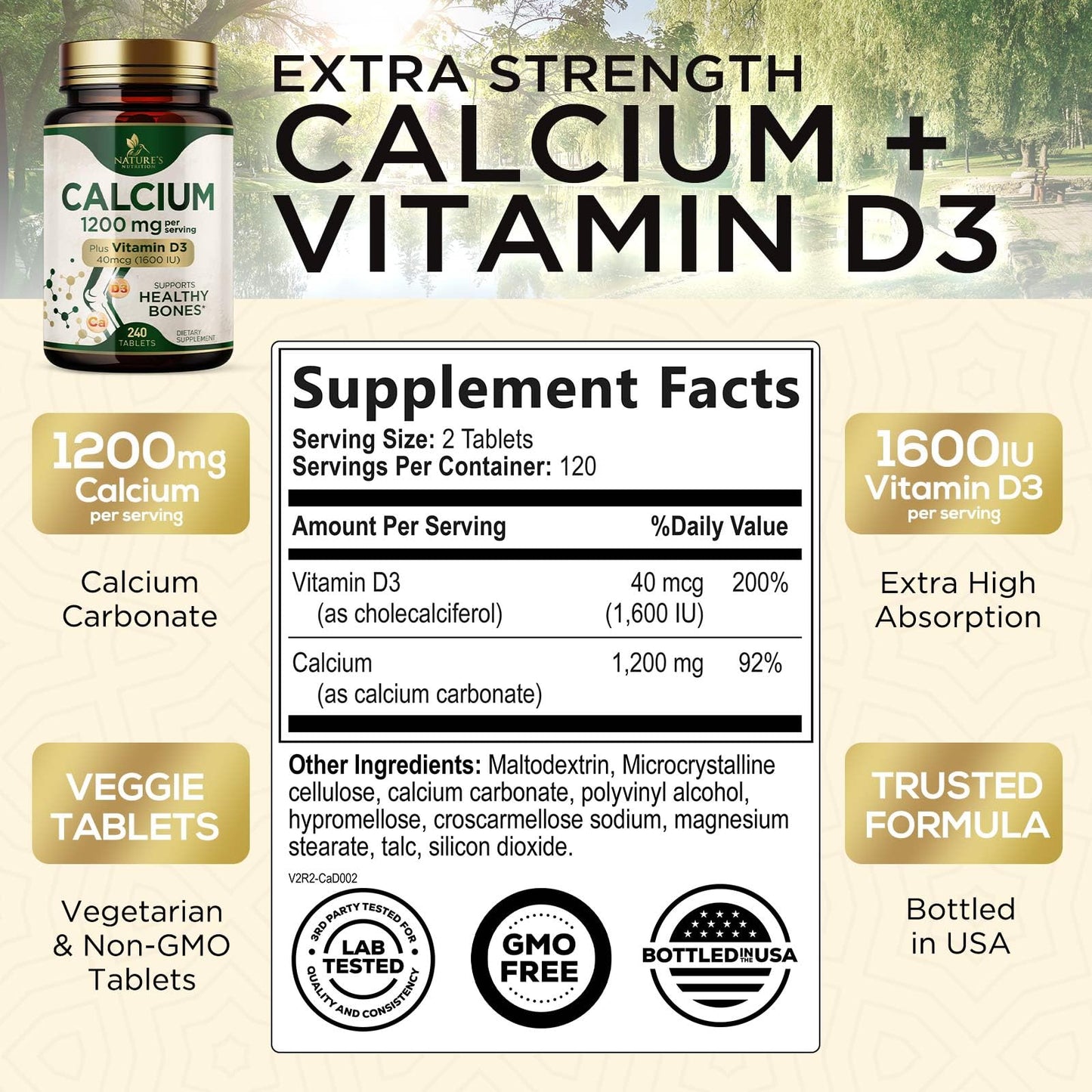 Calcium 1200 mg with Vitamin D3 - Per Serving - Bone Health Supplement - Vitamin D & Calcium Supplements for Women & Men - Bone Strength Support - dailyvitalstore