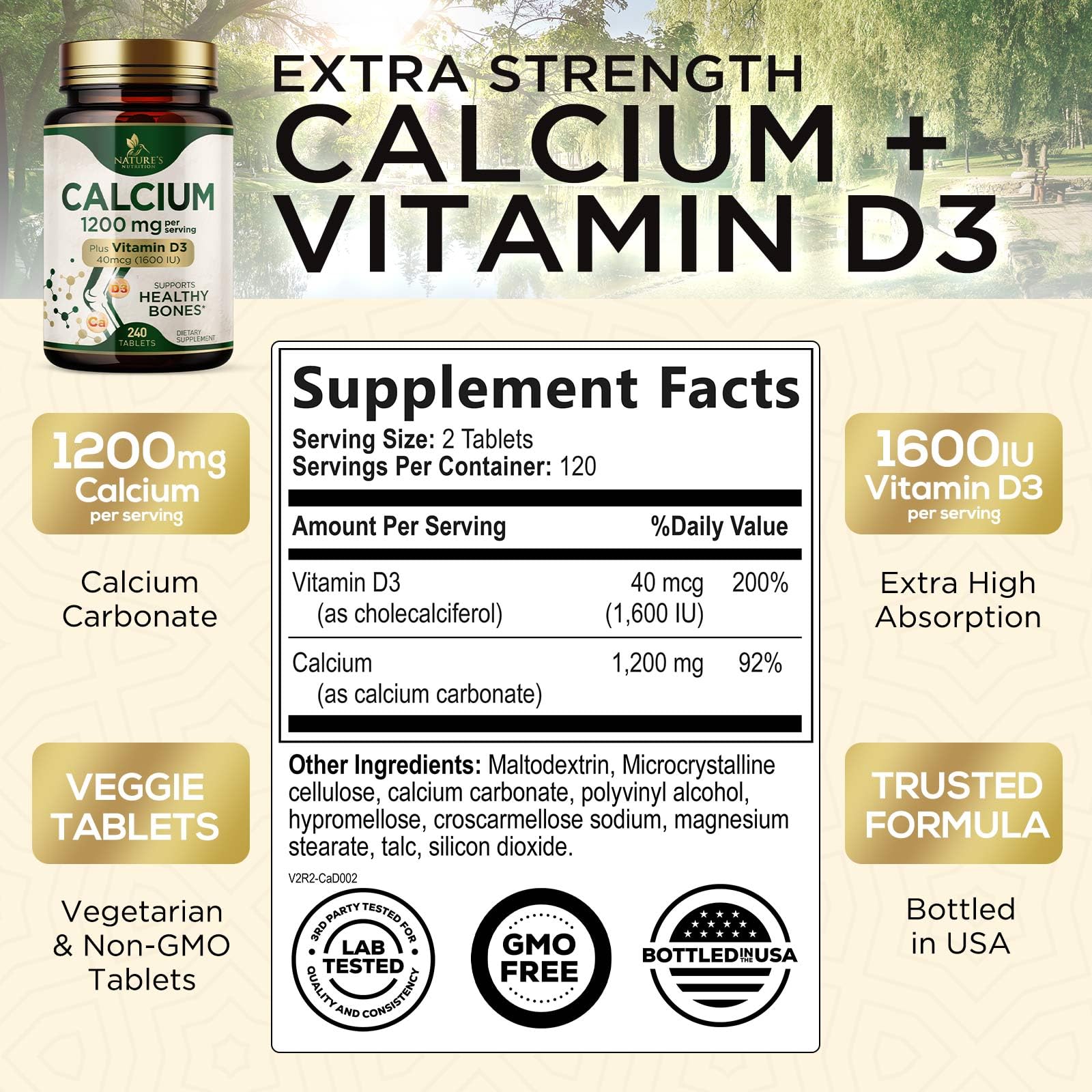 Calcium 1200 mg with Vitamin D3 - Per Serving - Bone Health Supplement - Vitamin D & Calcium Supplements for Women & Men - Bone Strength Support - dailyvitalstore
