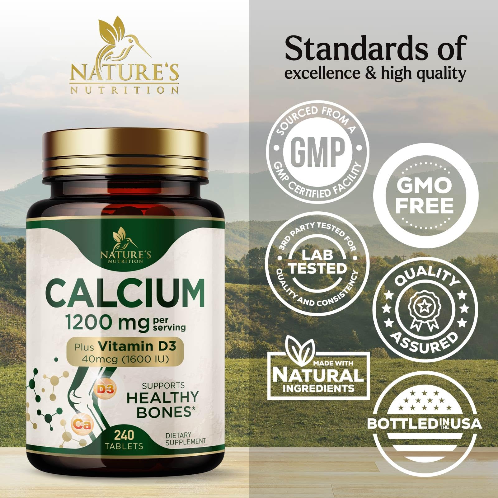 Calcium 1200 mg with Vitamin D3 - Per Serving - Bone Health Supplement - Vitamin D & Calcium Supplements for Women & Men - Bone Strength Support - dailyvitalstore