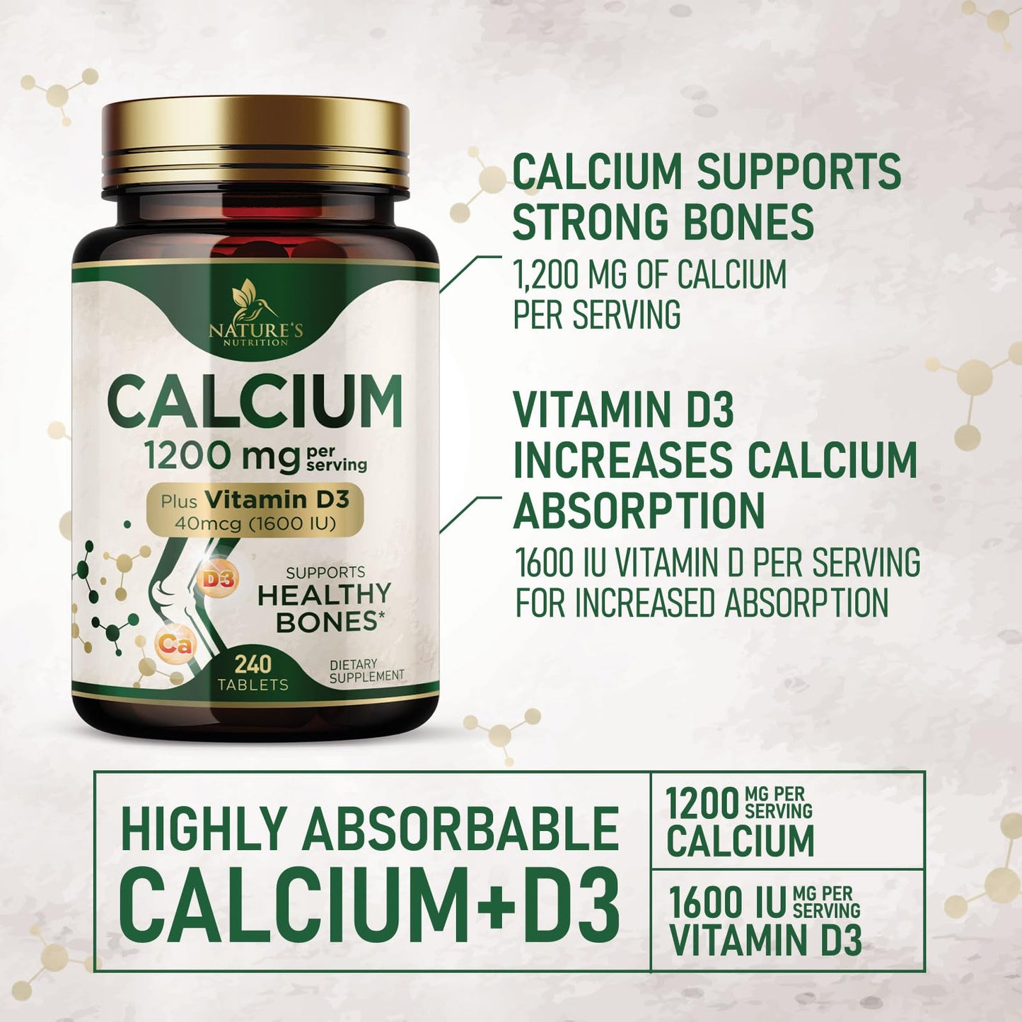 Calcium 1200 mg with Vitamin D3 - Per Serving - Bone Health Supplement - Vitamin D & Calcium Supplements for Women & Men - Bone Strength Support - dailyvitalstore