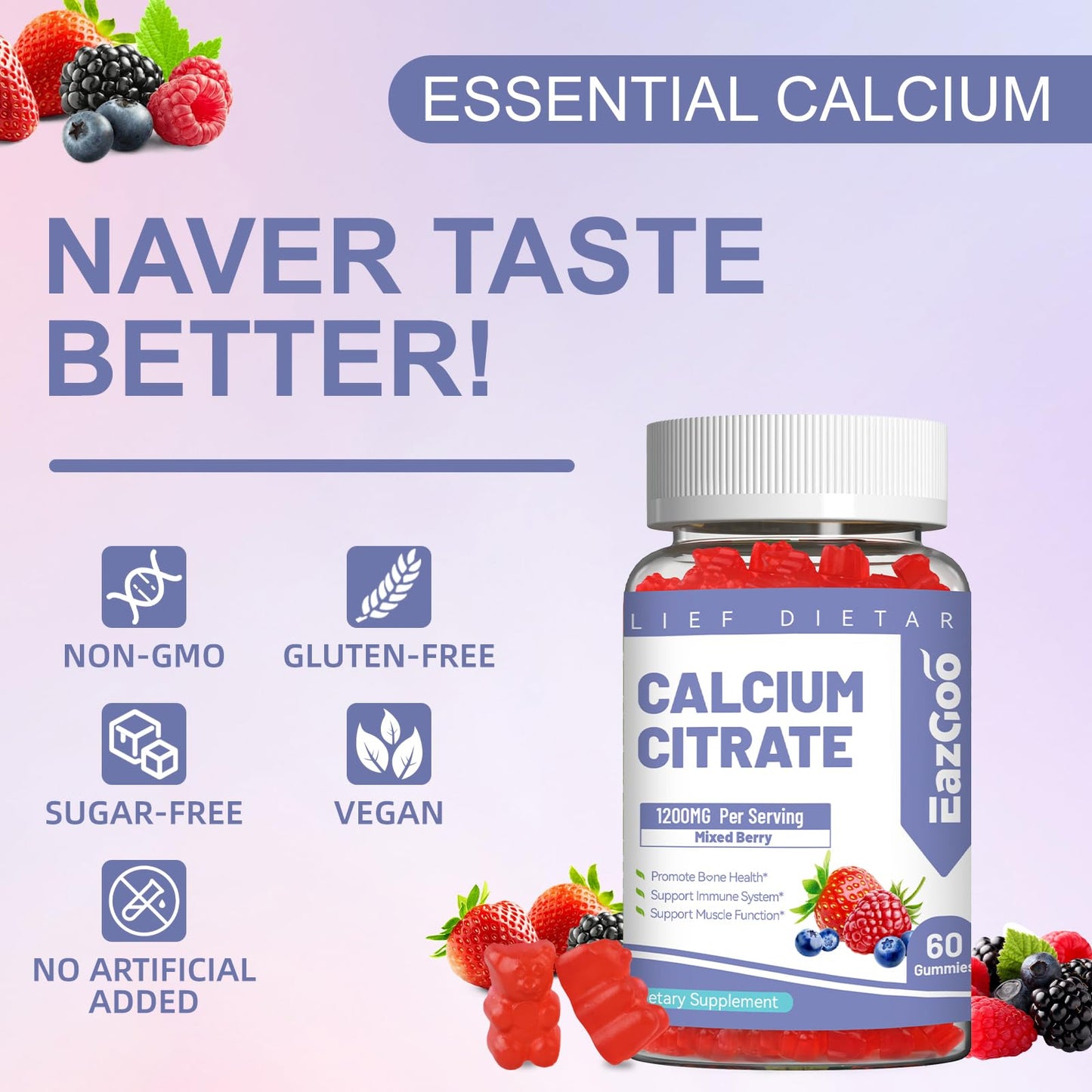 Calcium Citrate Gummies, Chewable 1200mg Calcium Gummies for Women & Men, Calcium Supplement for Muscle & Immune Support, - dailyvitalstore